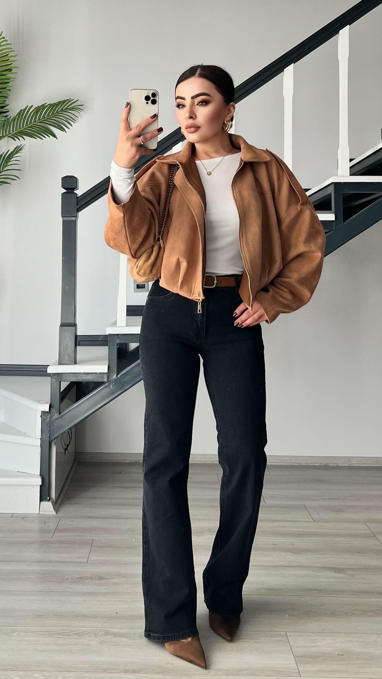 Anthracite Suede Belted Straight Jeans
