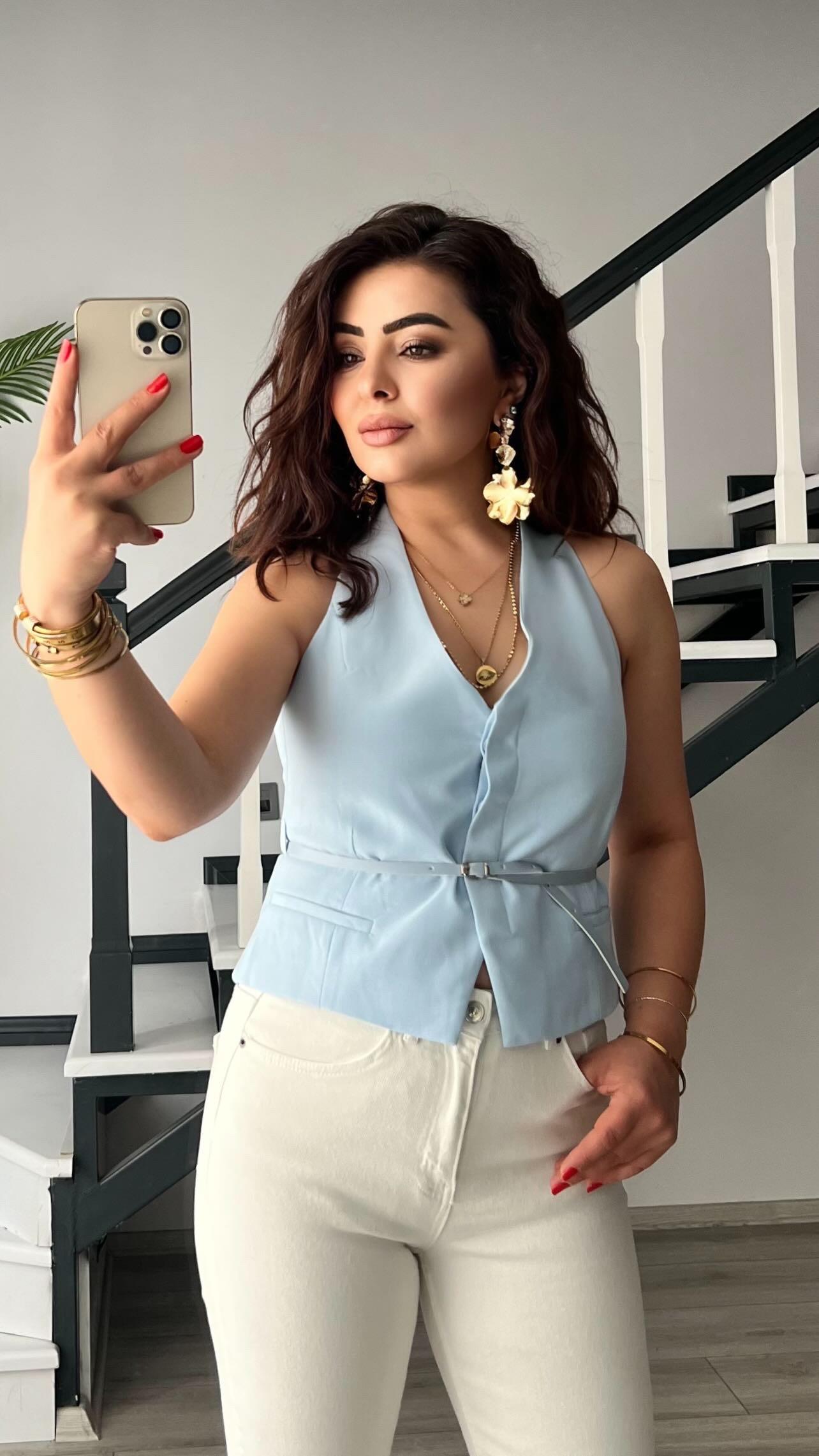 Bebe Mavi Belden Kemerli Yelek