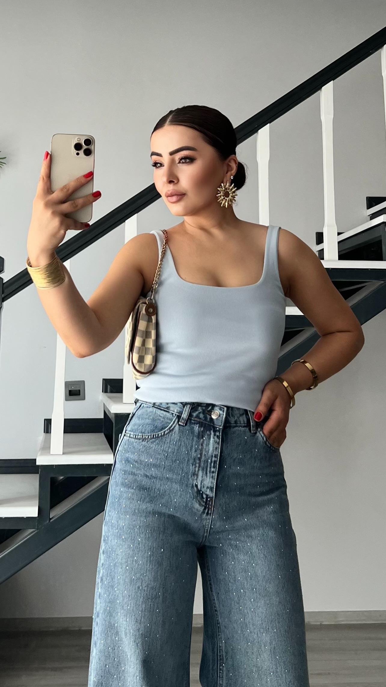 Baby Blue Square Neck Ribbed Tank Top