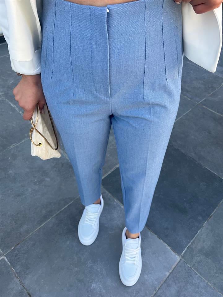 Baby Blue Self-Patterned Flat Trousers