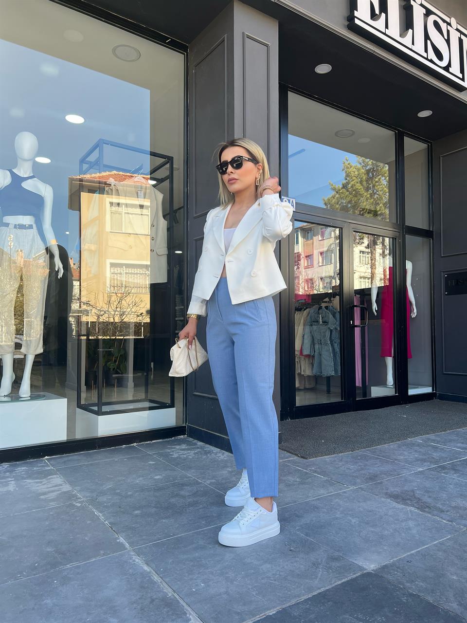 Baby Blue Self-Patterned Flat Trousers
