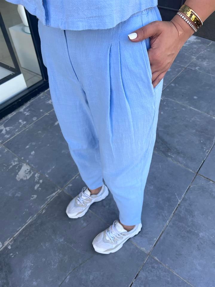 Bebe Mavi Keten Yelek Pantolon Takım 