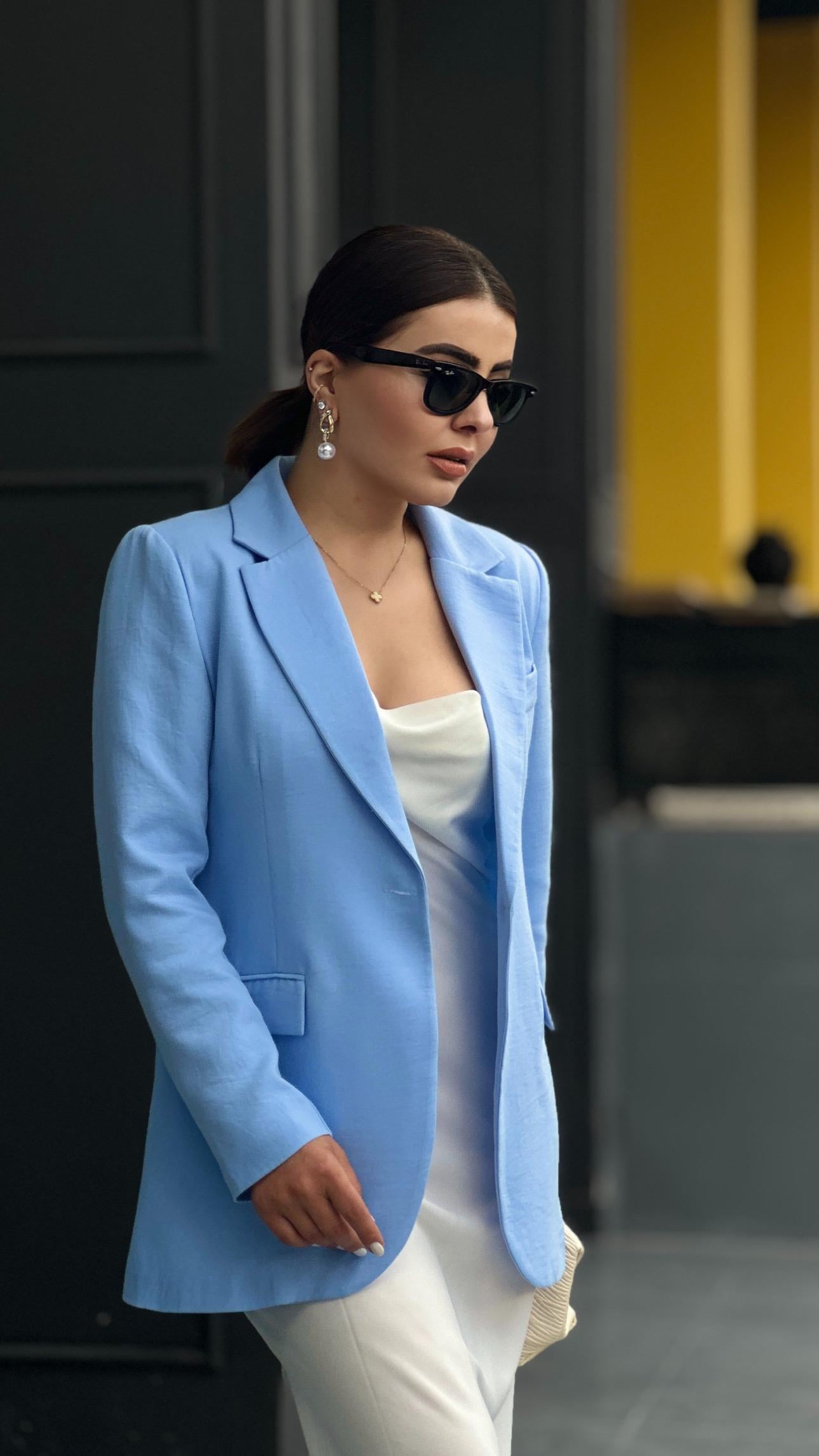 Bebe Mavi Pamuk Keten Tek Düğme Blazer Ceket 