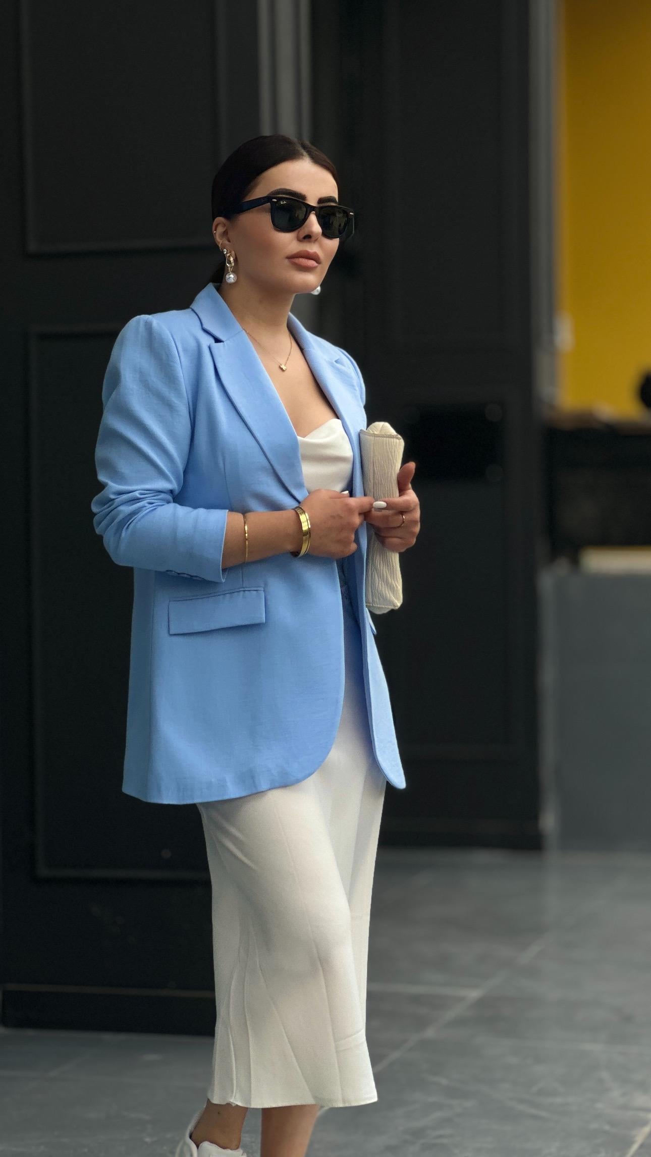 Bebe Mavi Pamuk Keten Tek Düğme Blazer Ceket 