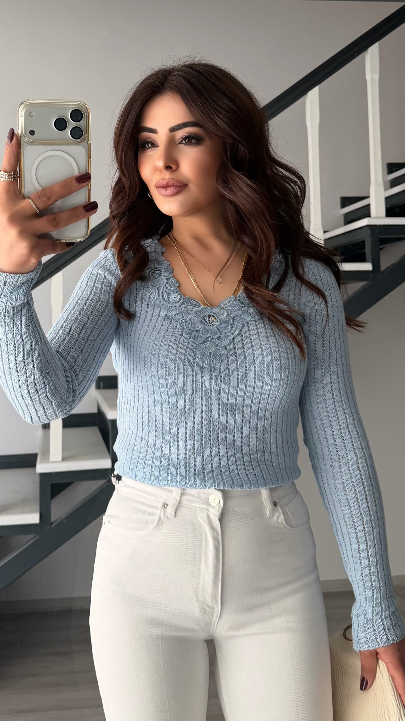 Bebe Mavi Yakadan Dantelli İnce Triko Bluz