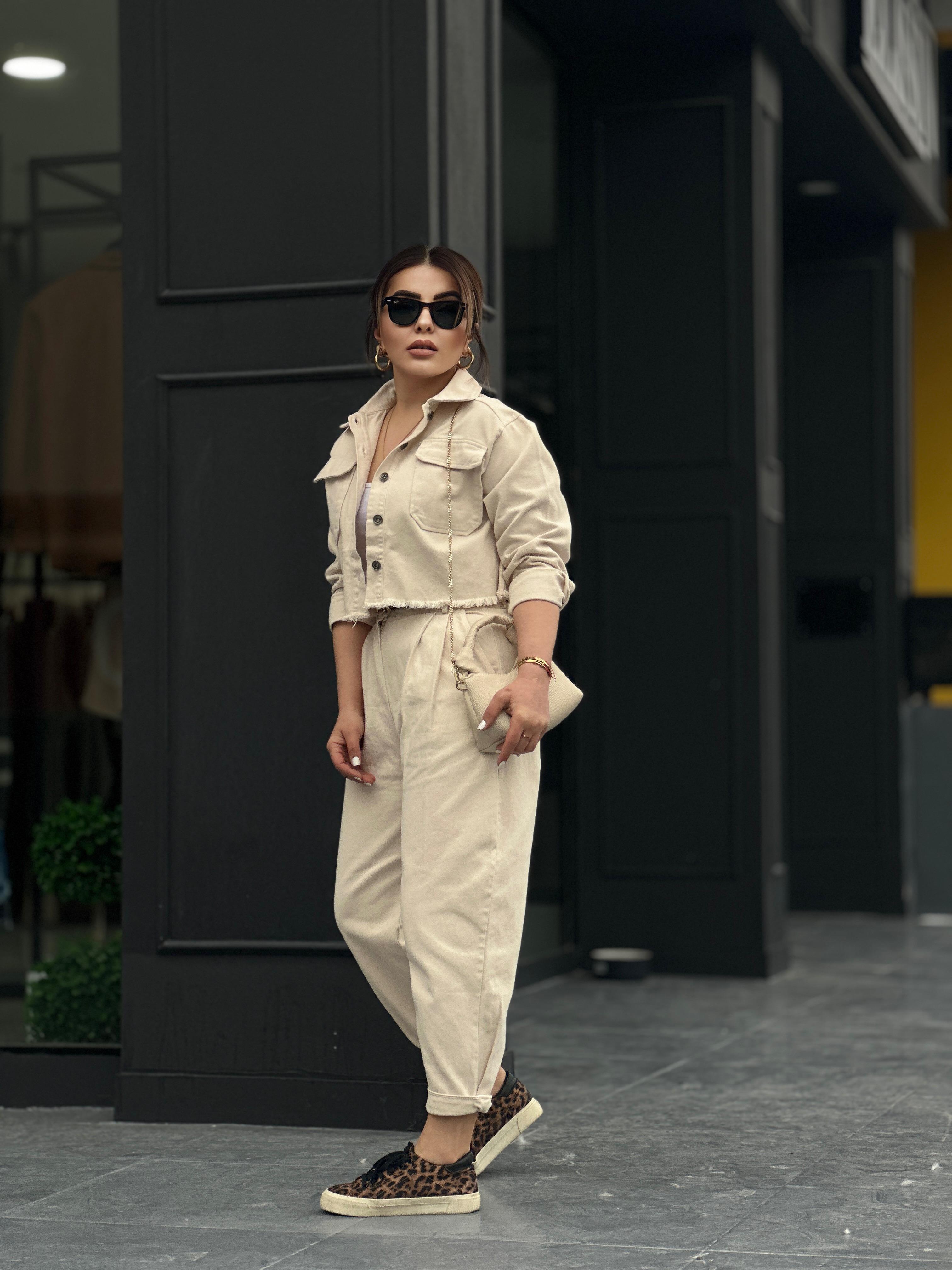 Beige 100% Cotton Crop Jacket and Pants 2-Piece Set