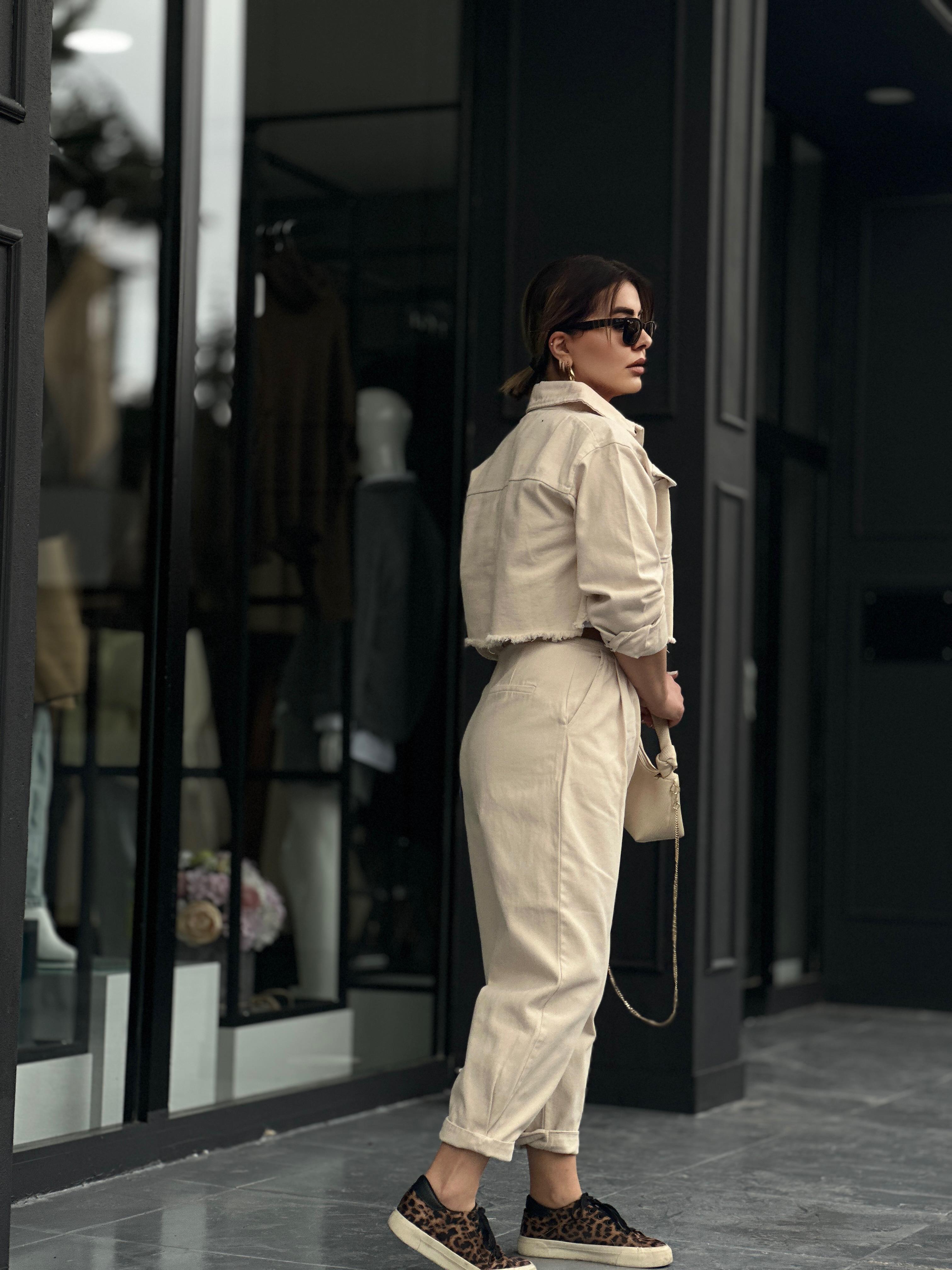Beige 100% Cotton Crop Jacket and Pants 2-Piece Set