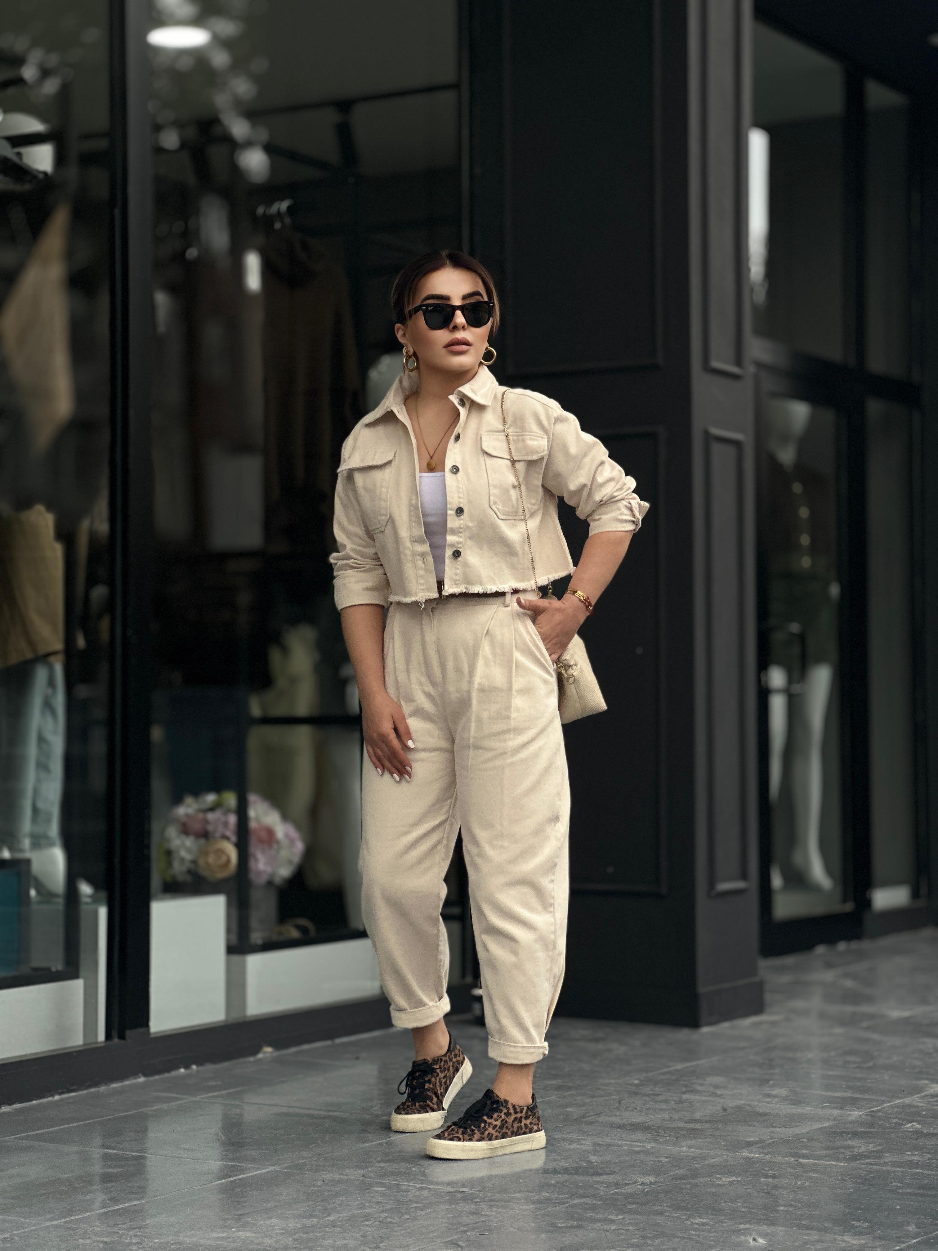 Beige 100% Cotton Crop Jacket and Pants 2-Piece Set