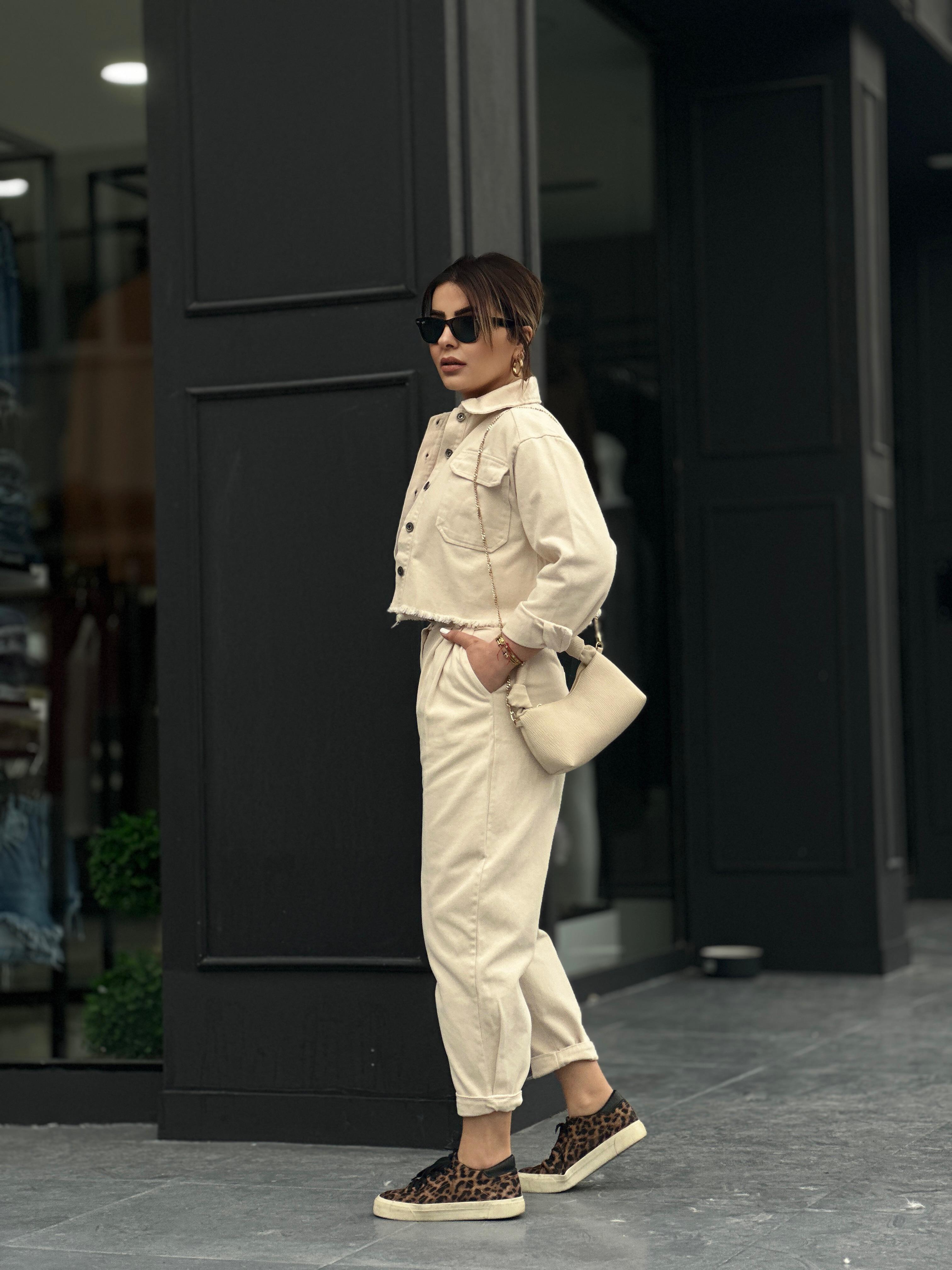 Beige 100% Cotton Crop Jacket and Pants 2-Piece Set