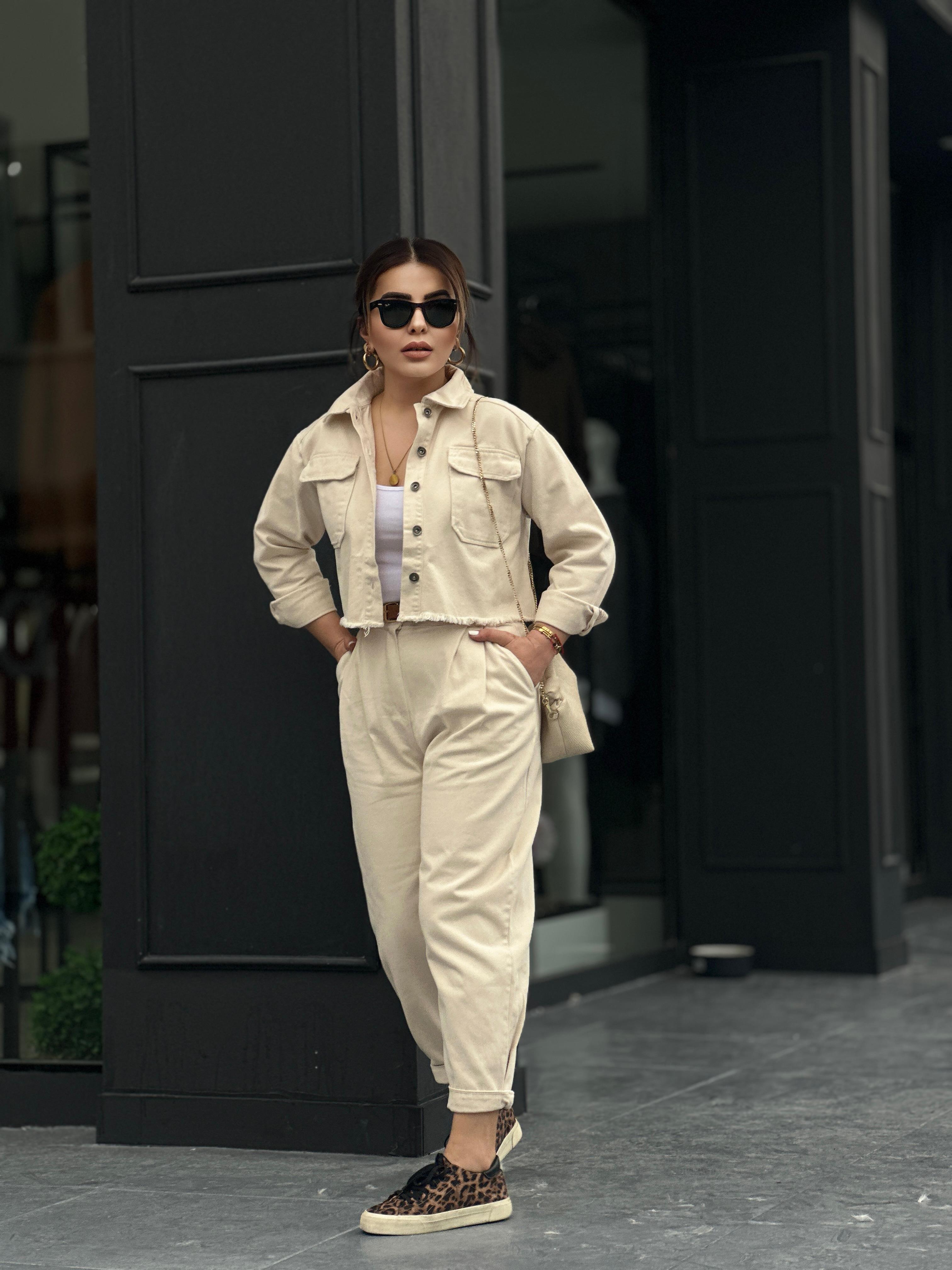 Beige 100% Cotton Crop Jacket and Pants 2-Piece Set