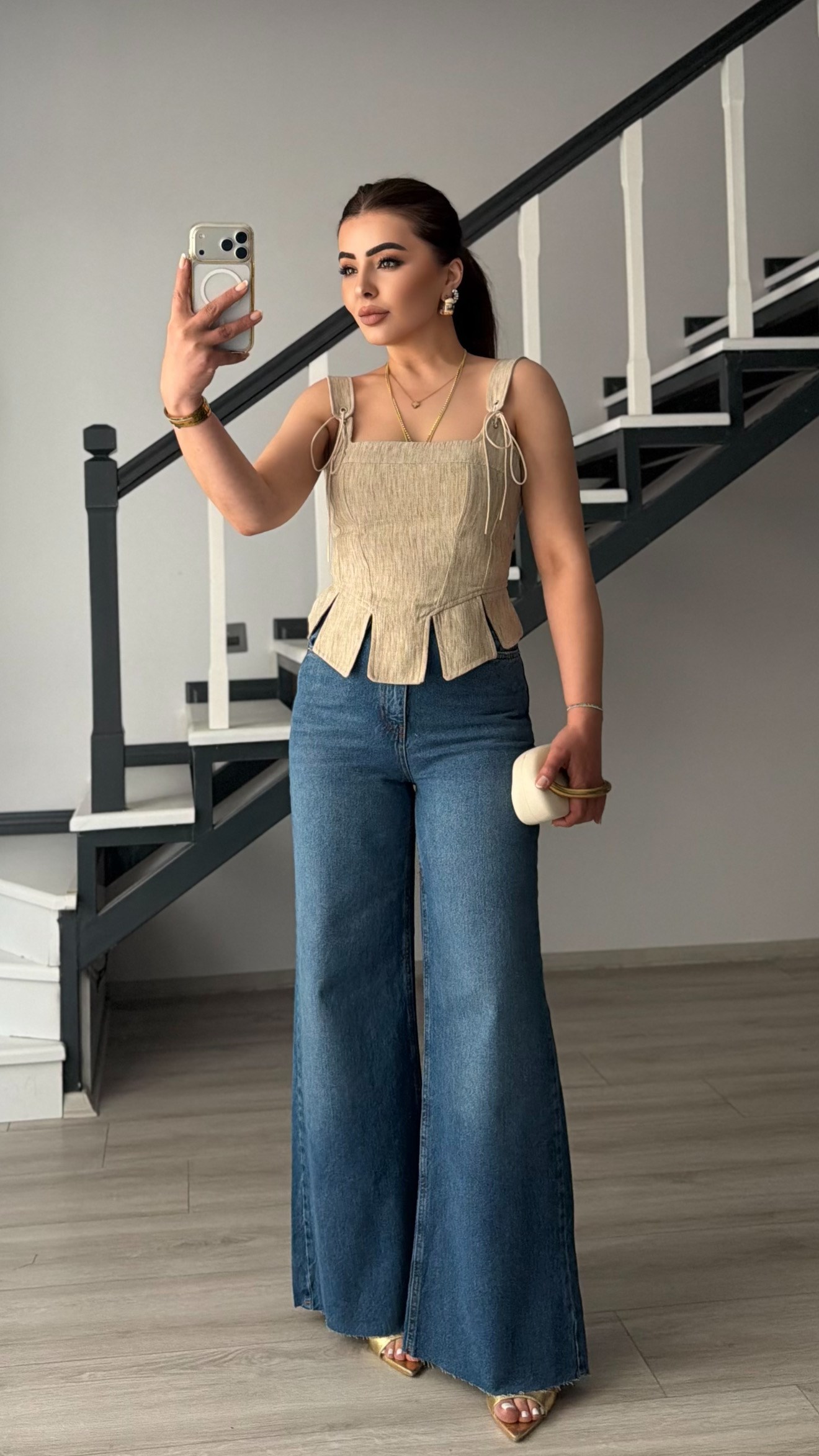 Beige Tie-Detail Corset Blouse