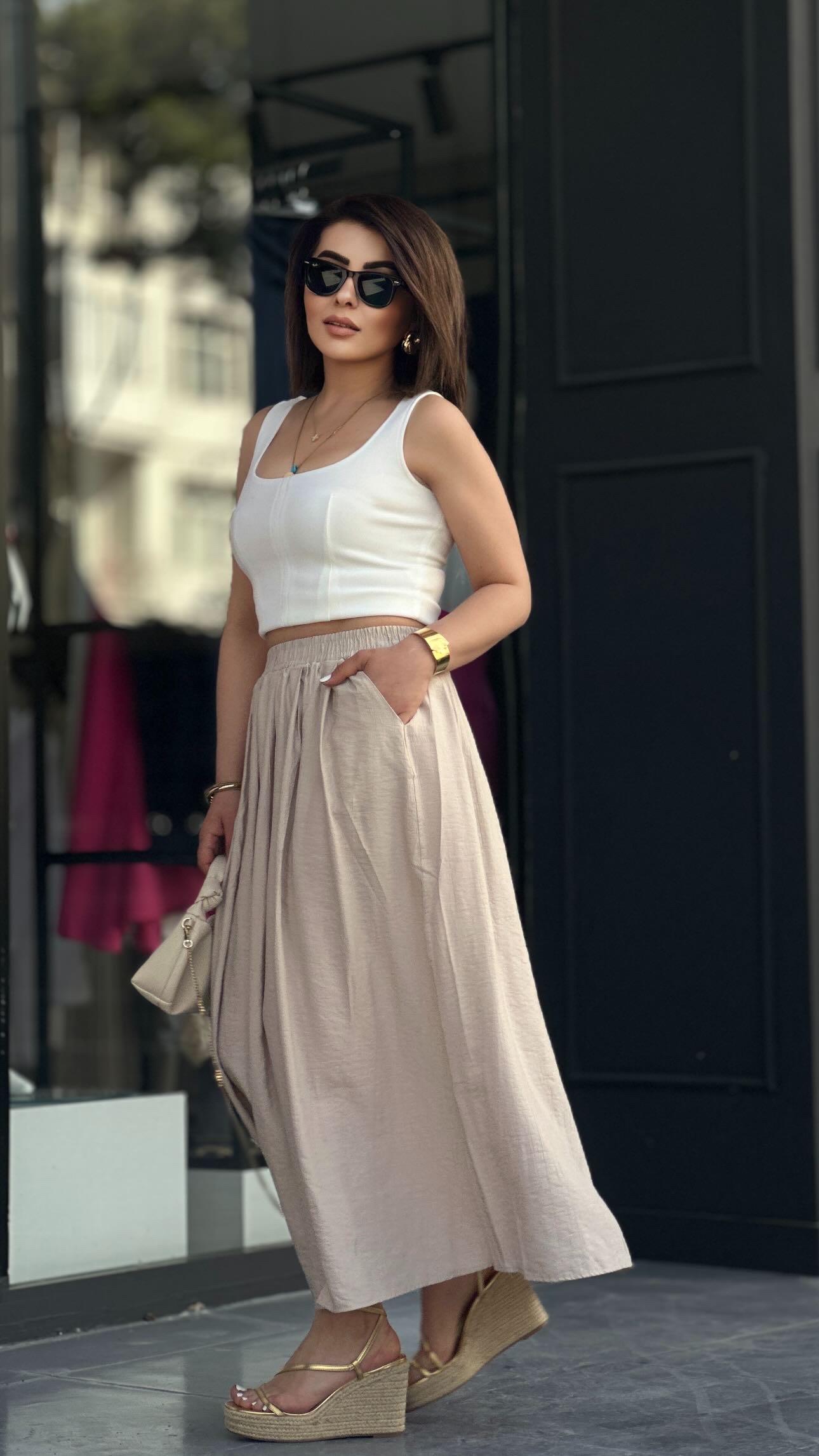 Beige Flared Skirt with Elastic Waist and Pockets