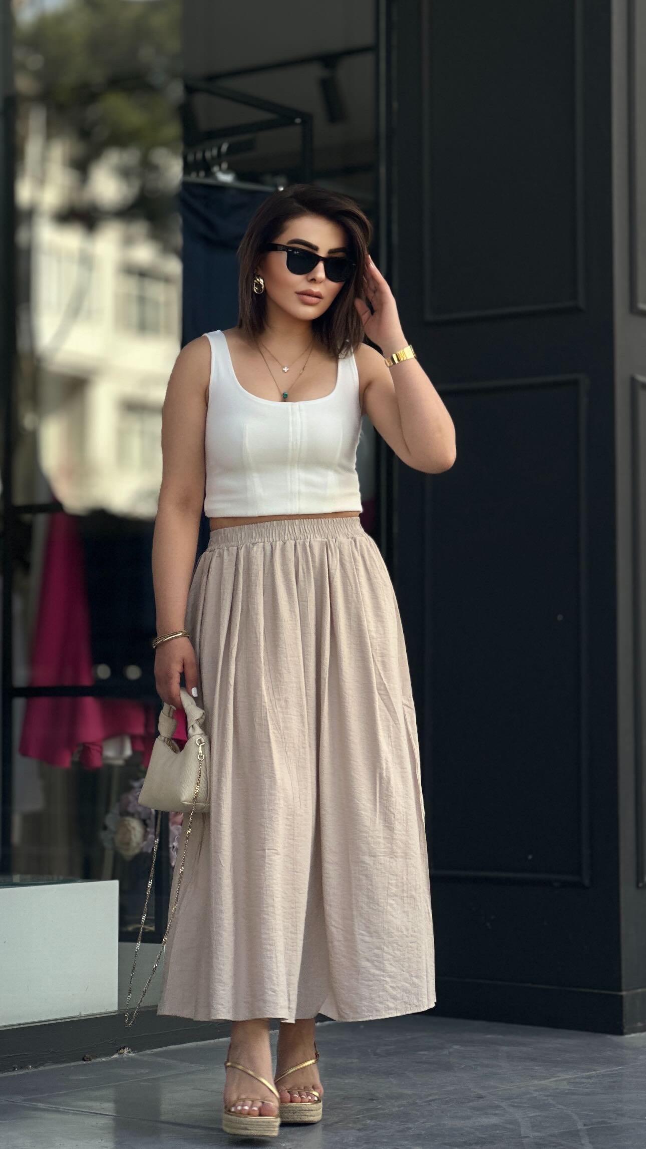 Beige Flared Skirt with Elastic Waist and Pockets