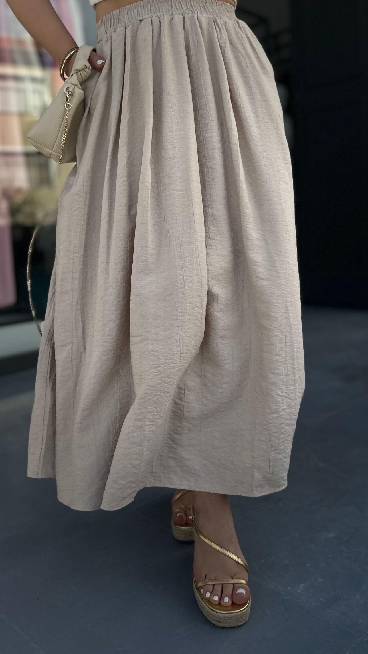 Beige Flared Skirt with Elastic Waist and Pockets