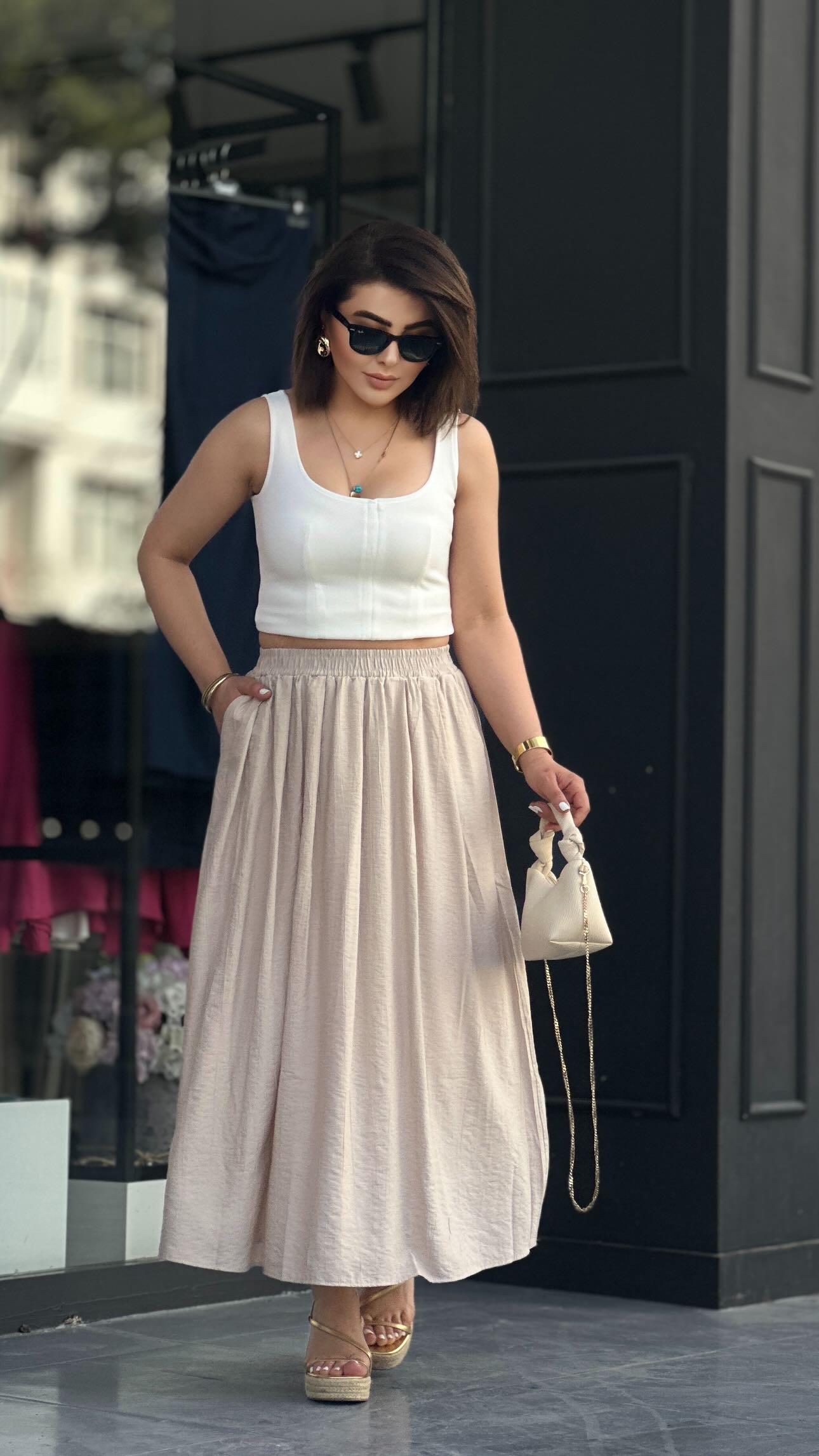 Beige Flared Skirt with Elastic Waist and Pockets