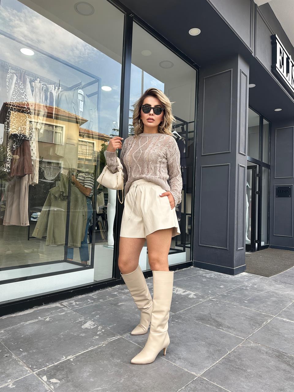 Beige Leather Shorts with Elastic Waistband