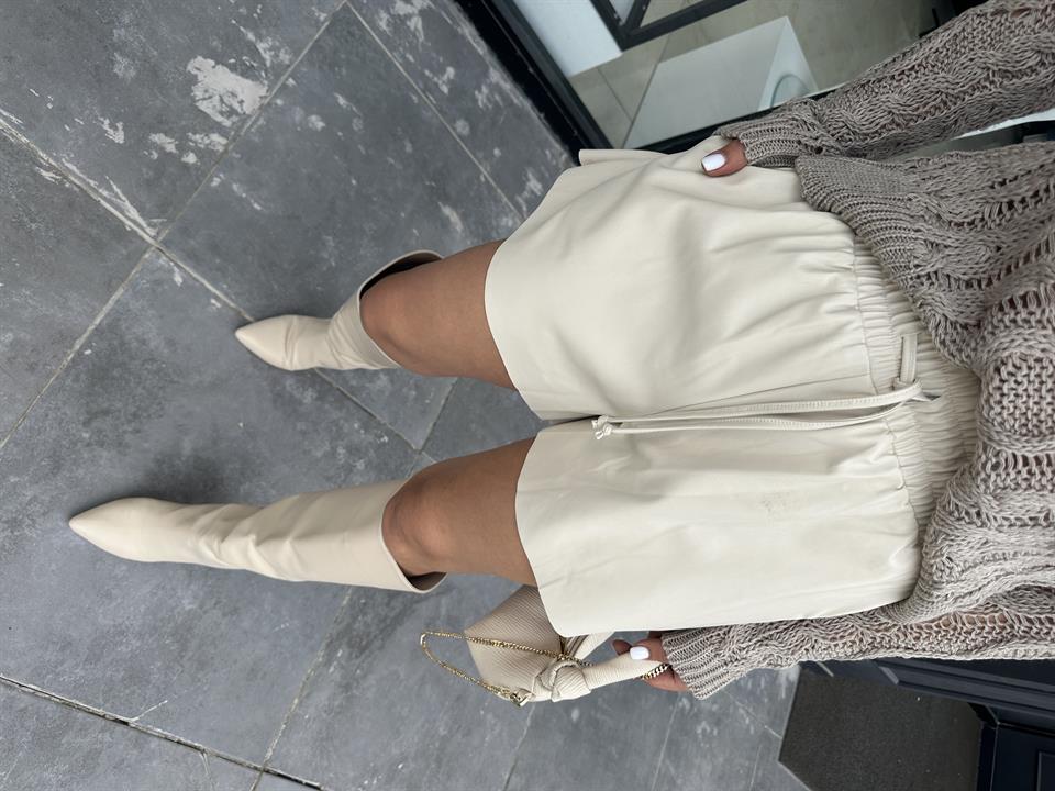 Beige Leather Shorts with Elastic Waistband
