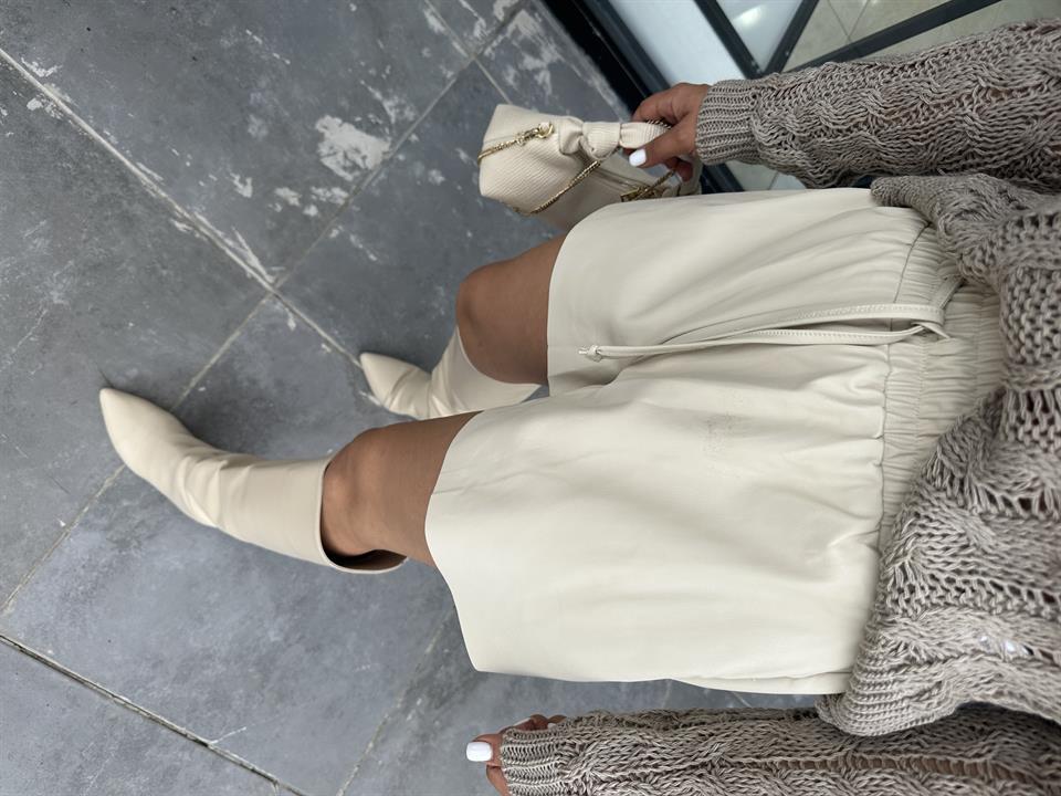Beige Leather Shorts with Elastic Waistband