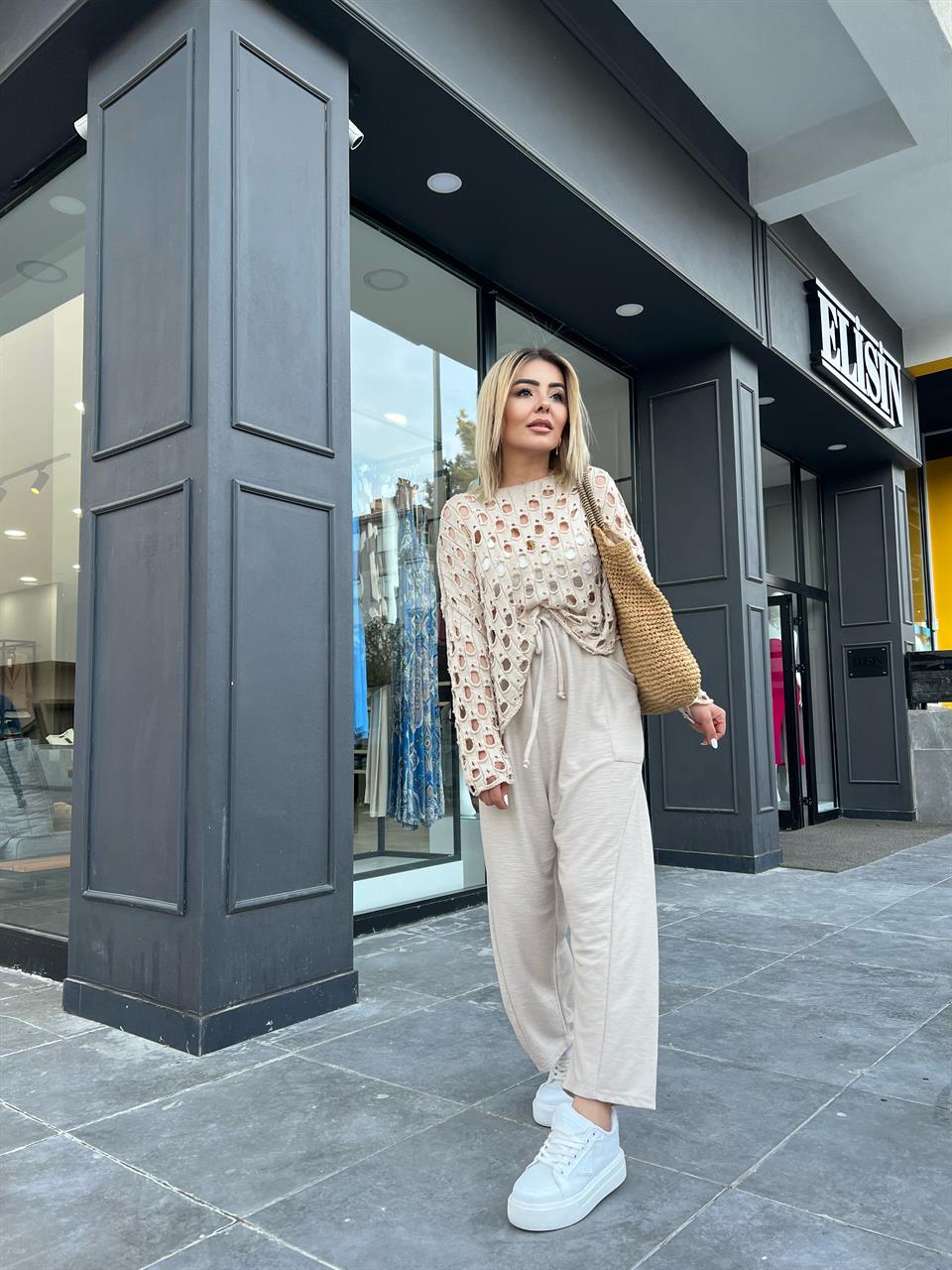 Bej Beli Lastikli Dökümlü Cep Detay Şalvar Pantolon
