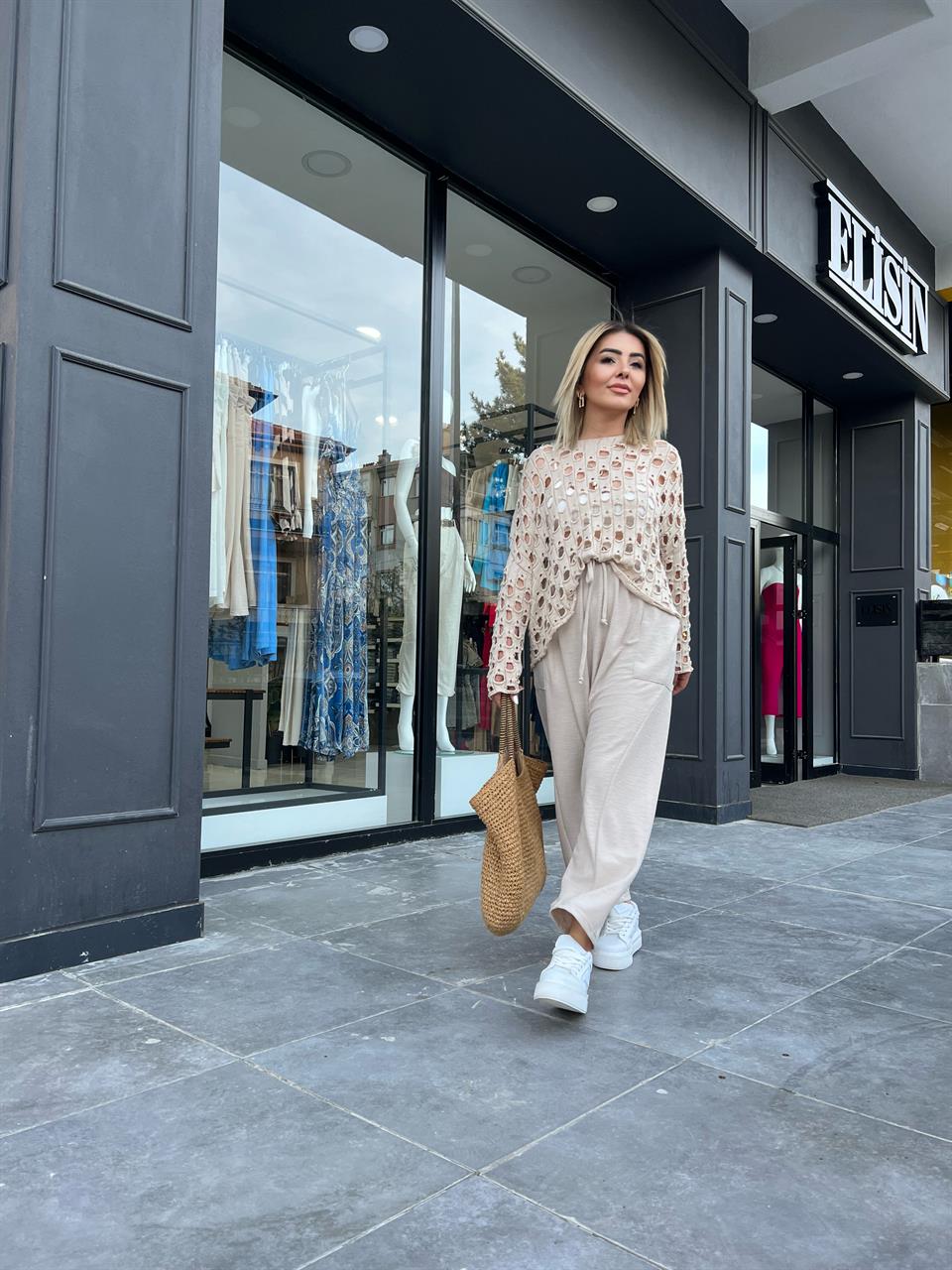 Bej Beli Lastikli Dökümlü Cep Detay Şalvar Pantolon