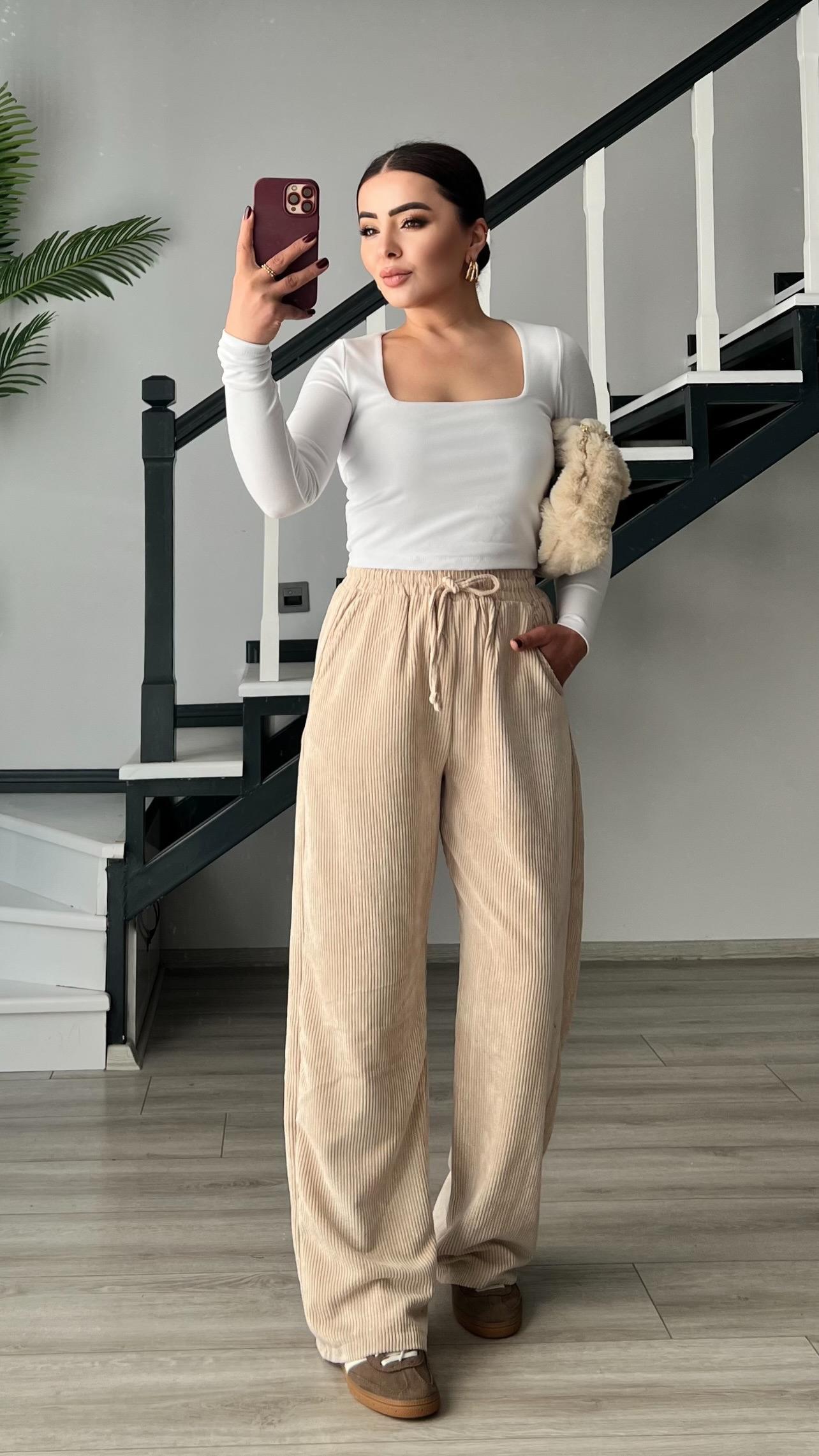 Beige Corduroy Trousers with Elastic Waistband