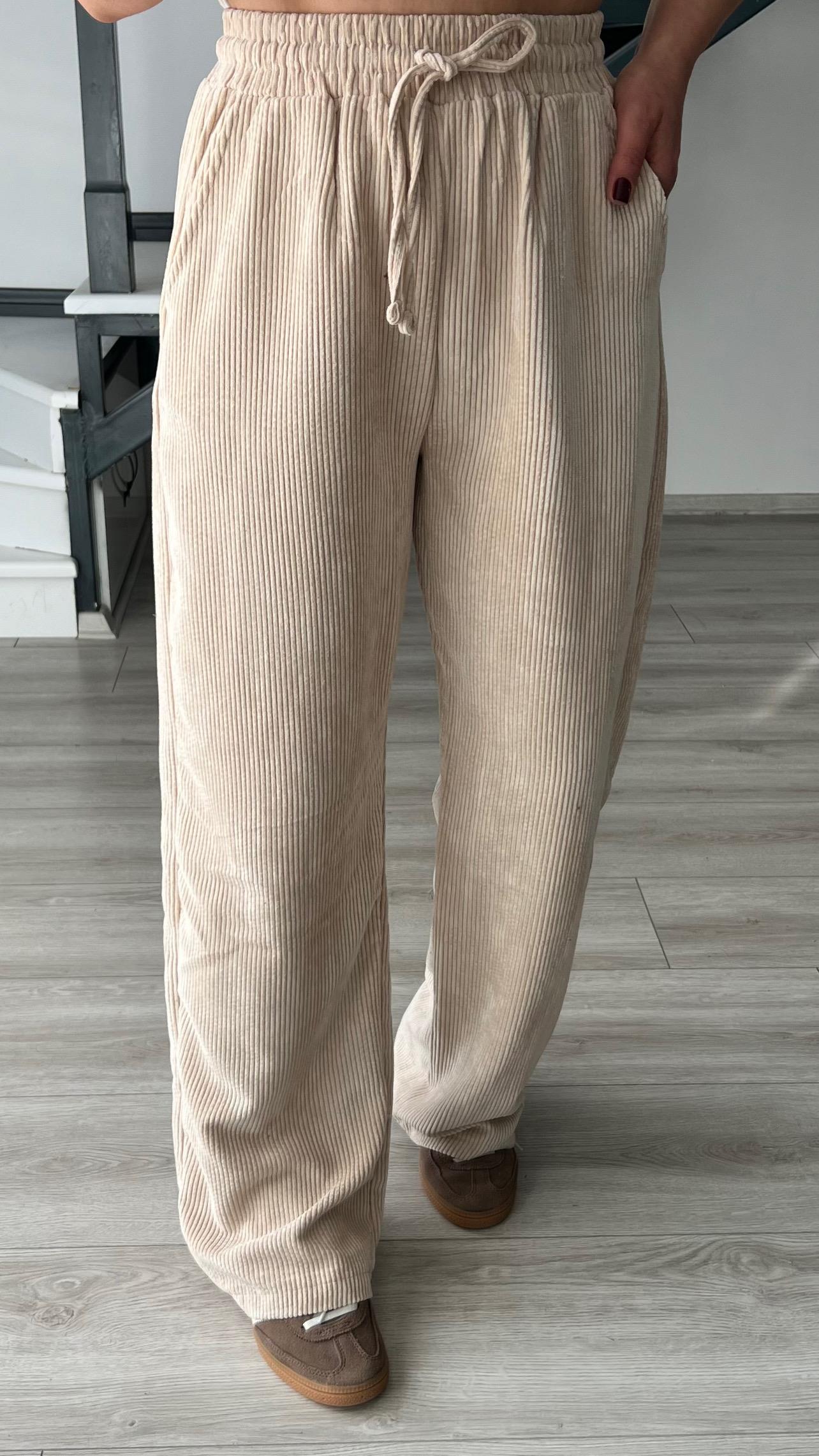 Beige Corduroy Trousers with Elastic Waistband