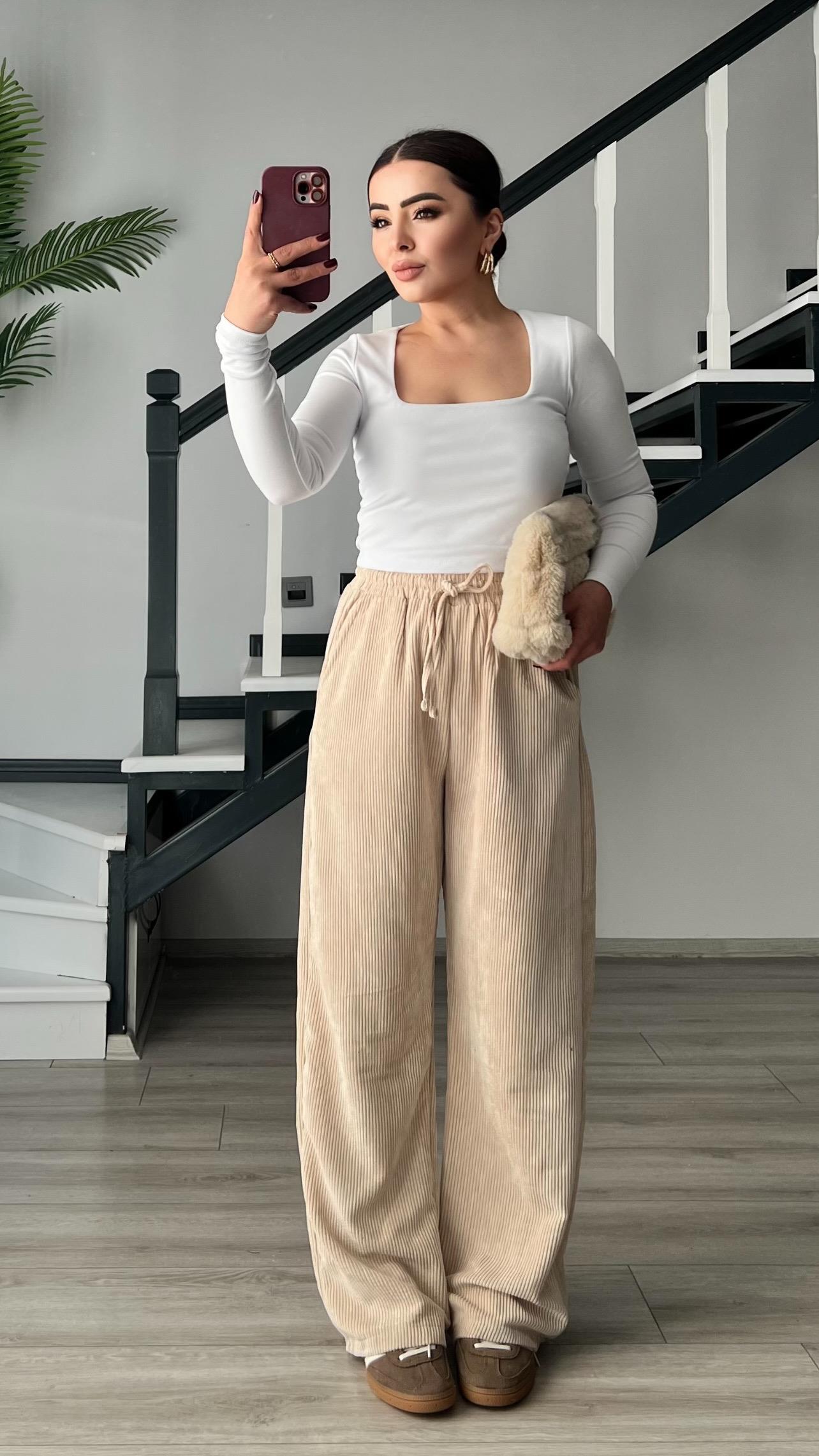 Beige Corduroy Trousers with Elastic Waistband