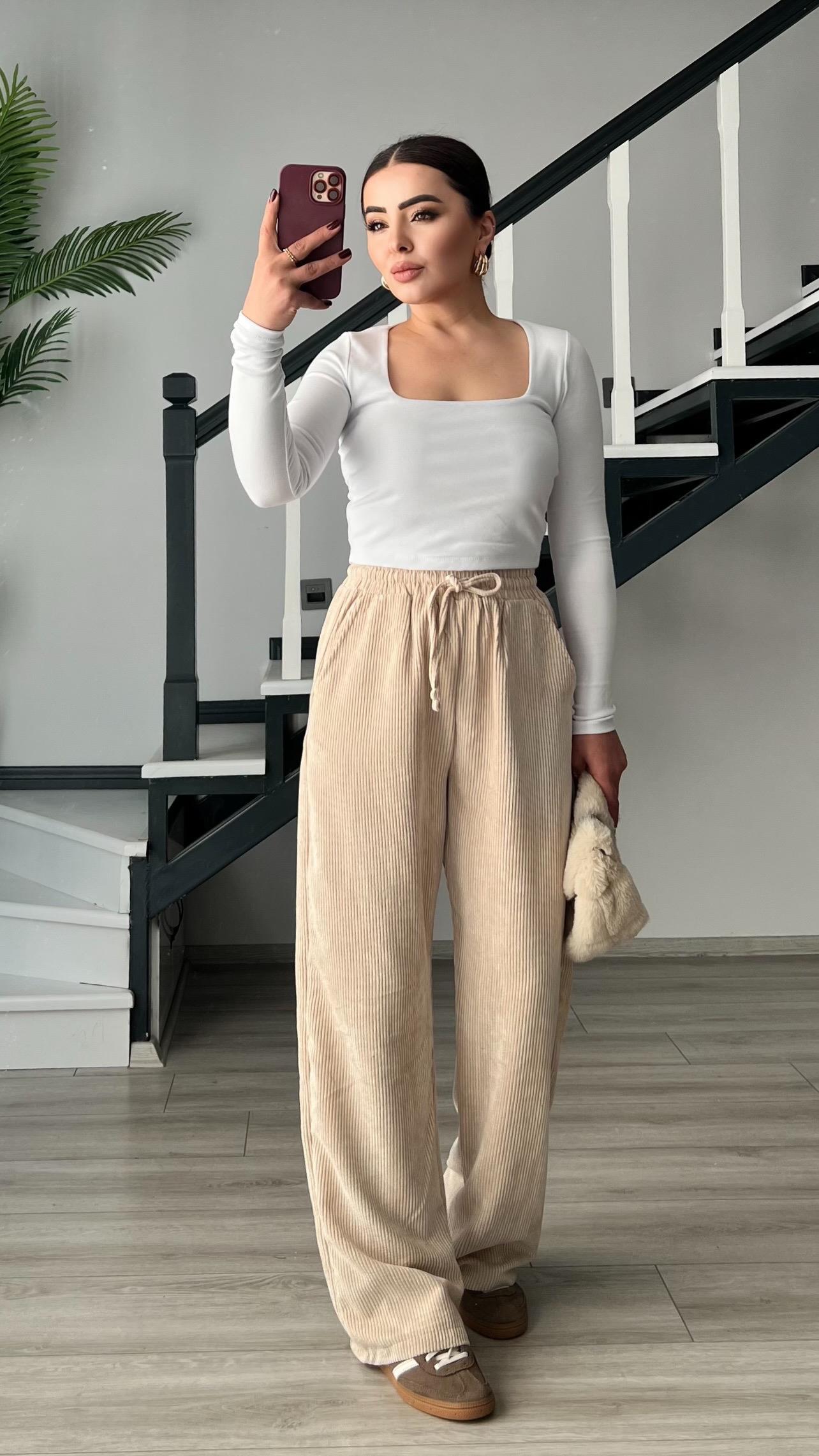 Beige Corduroy Trousers with Elastic Waistband
