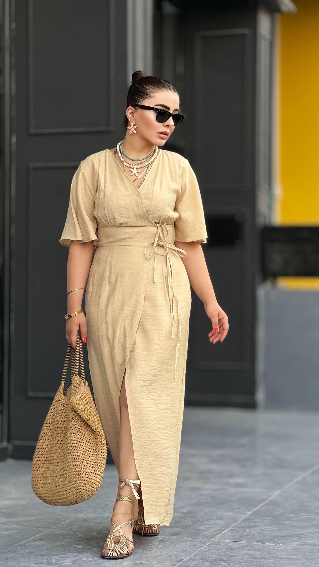 Beige Maxi Dress with Double Waist Tie