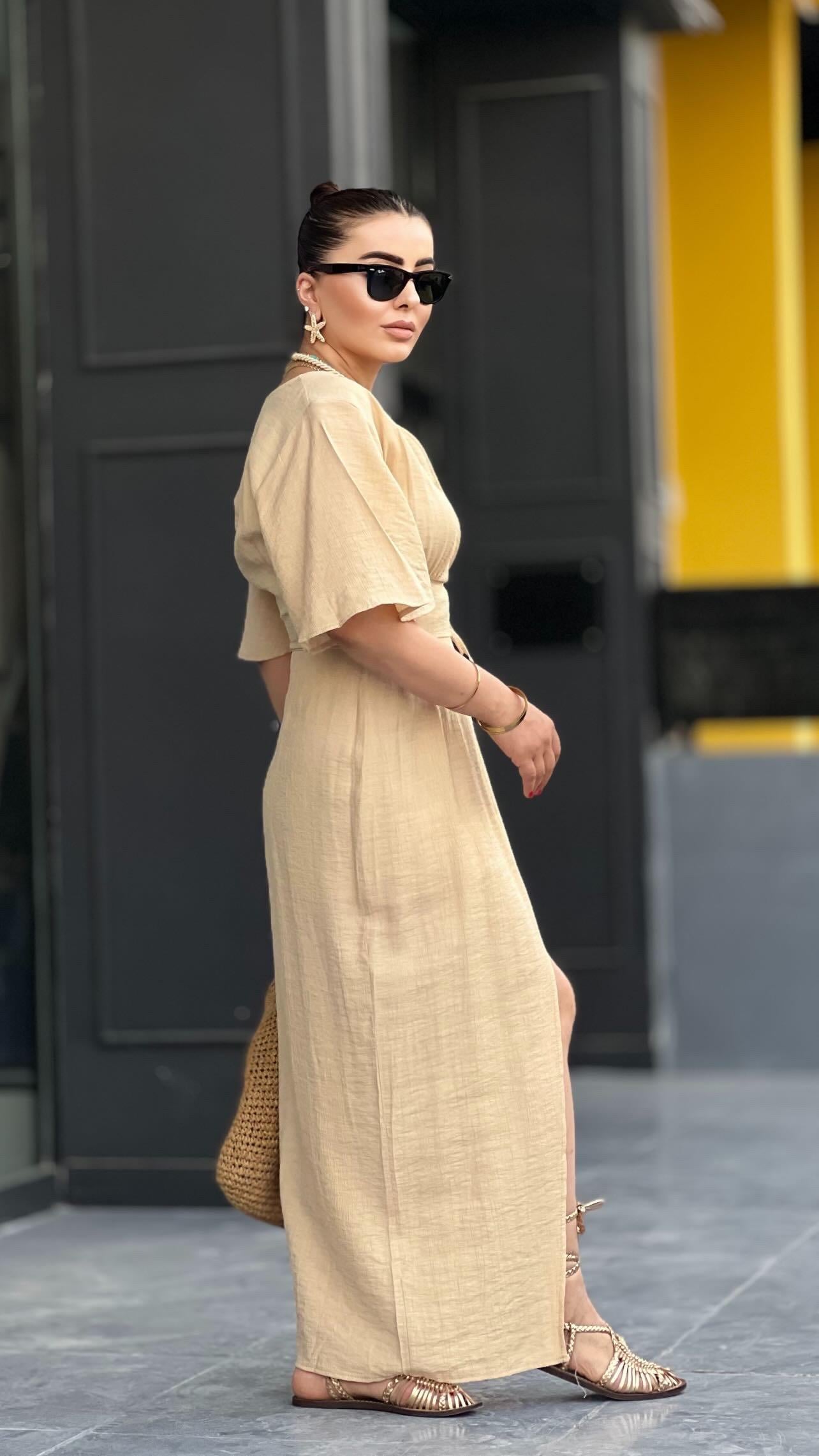 Beige Maxi Dress with Double Waist Tie