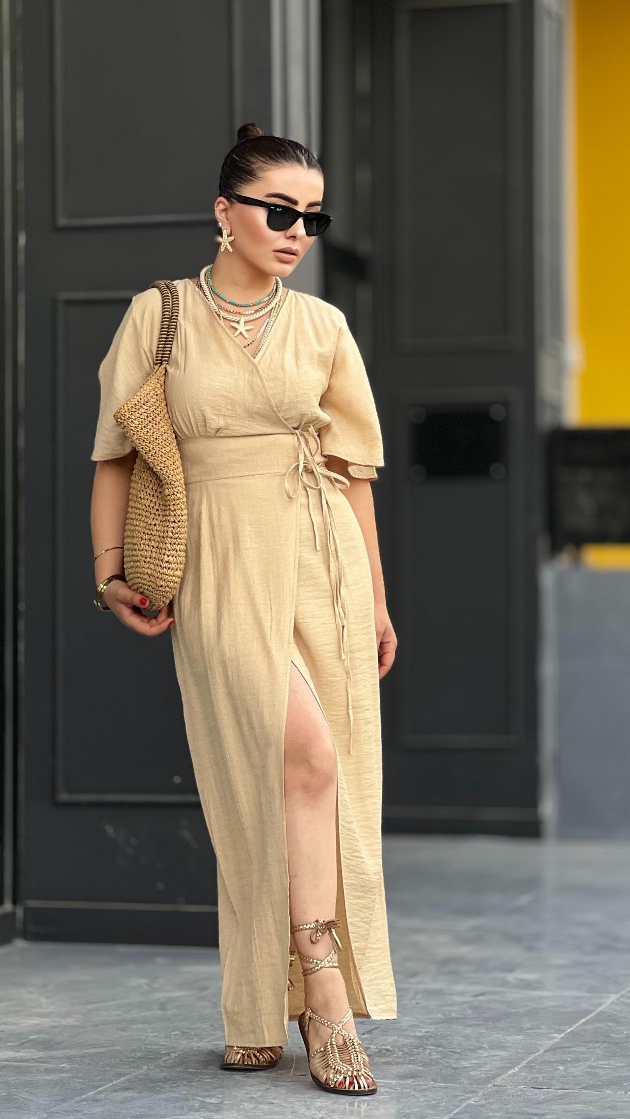 Beige Maxi Dress with Double Waist Tie