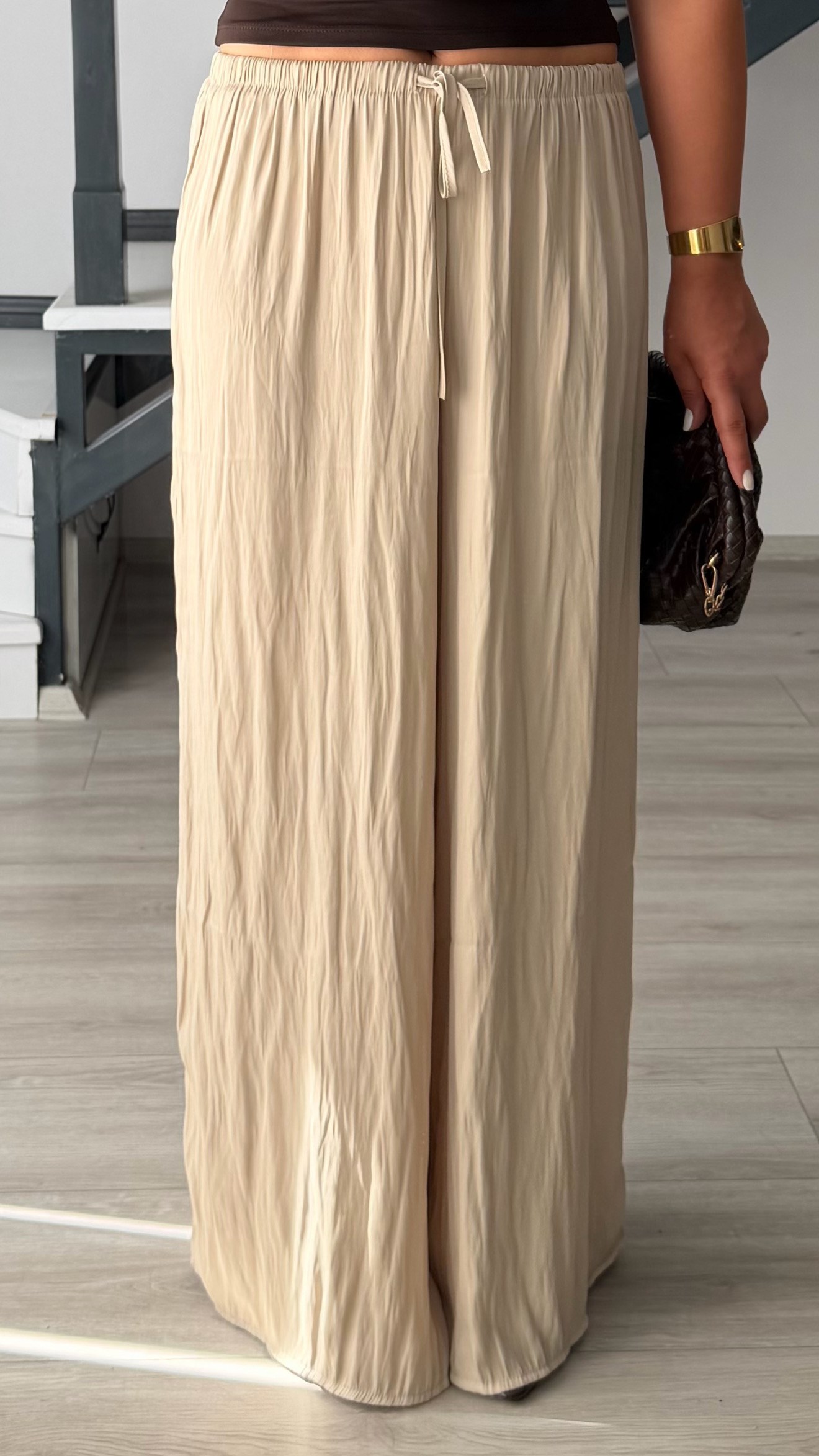 Beige Draped Satin Pants