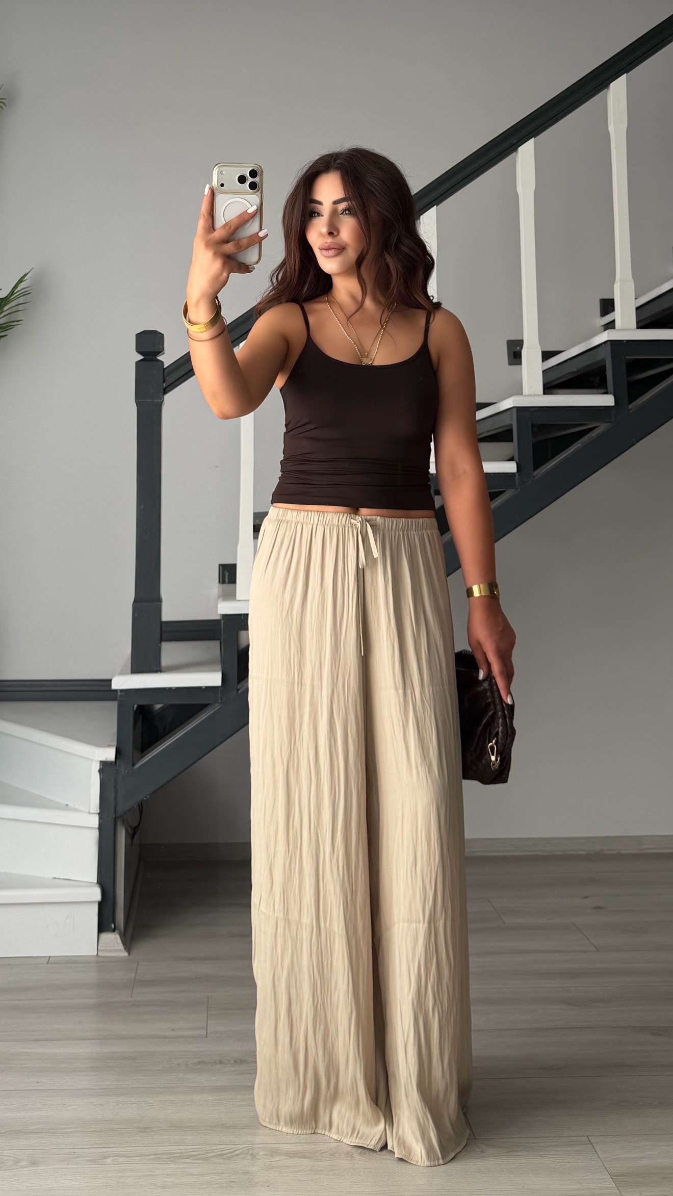 Beige Draped Satin Pants