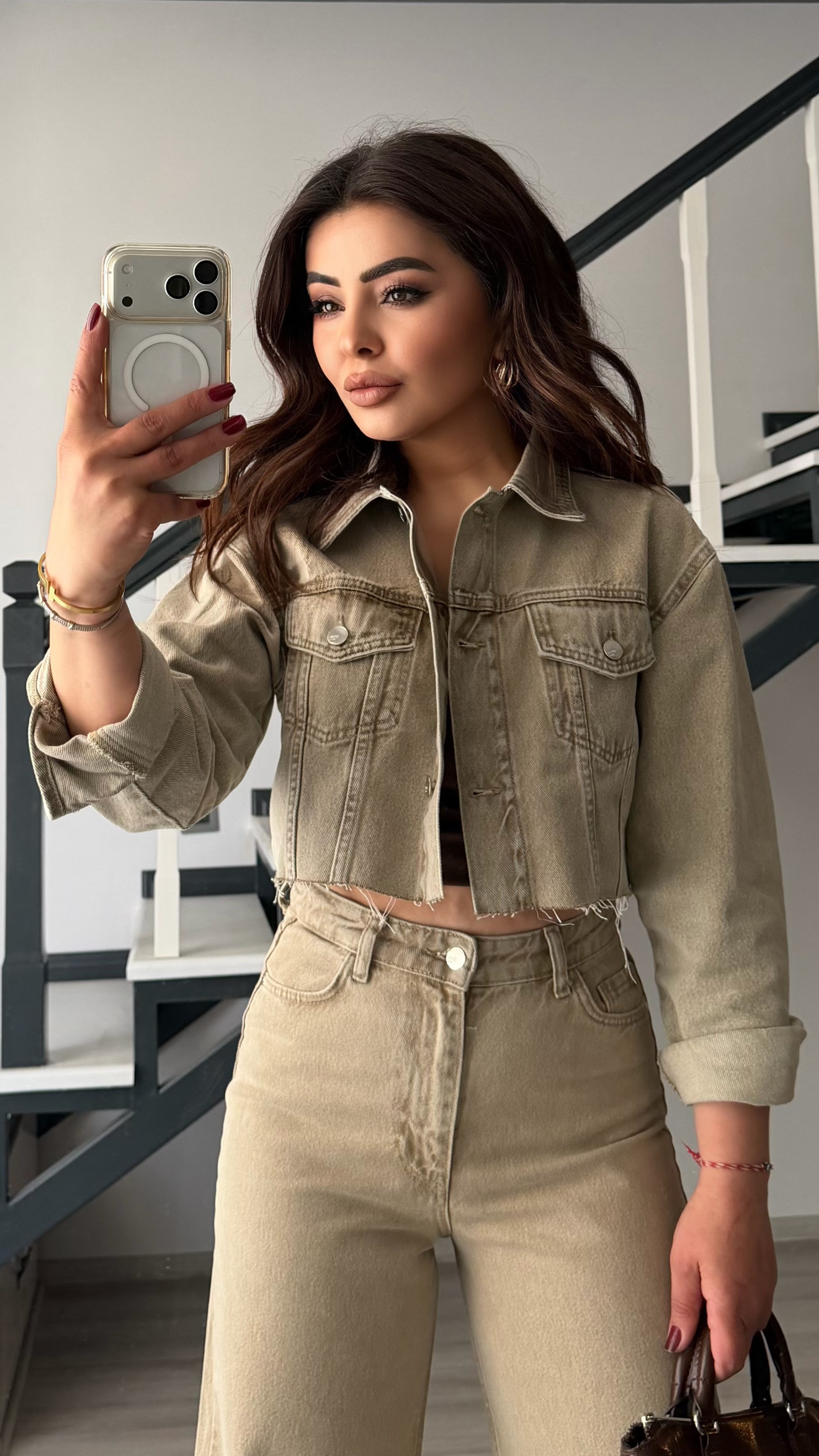 Bej Haki Yıkamalı Denim Crop Ceket