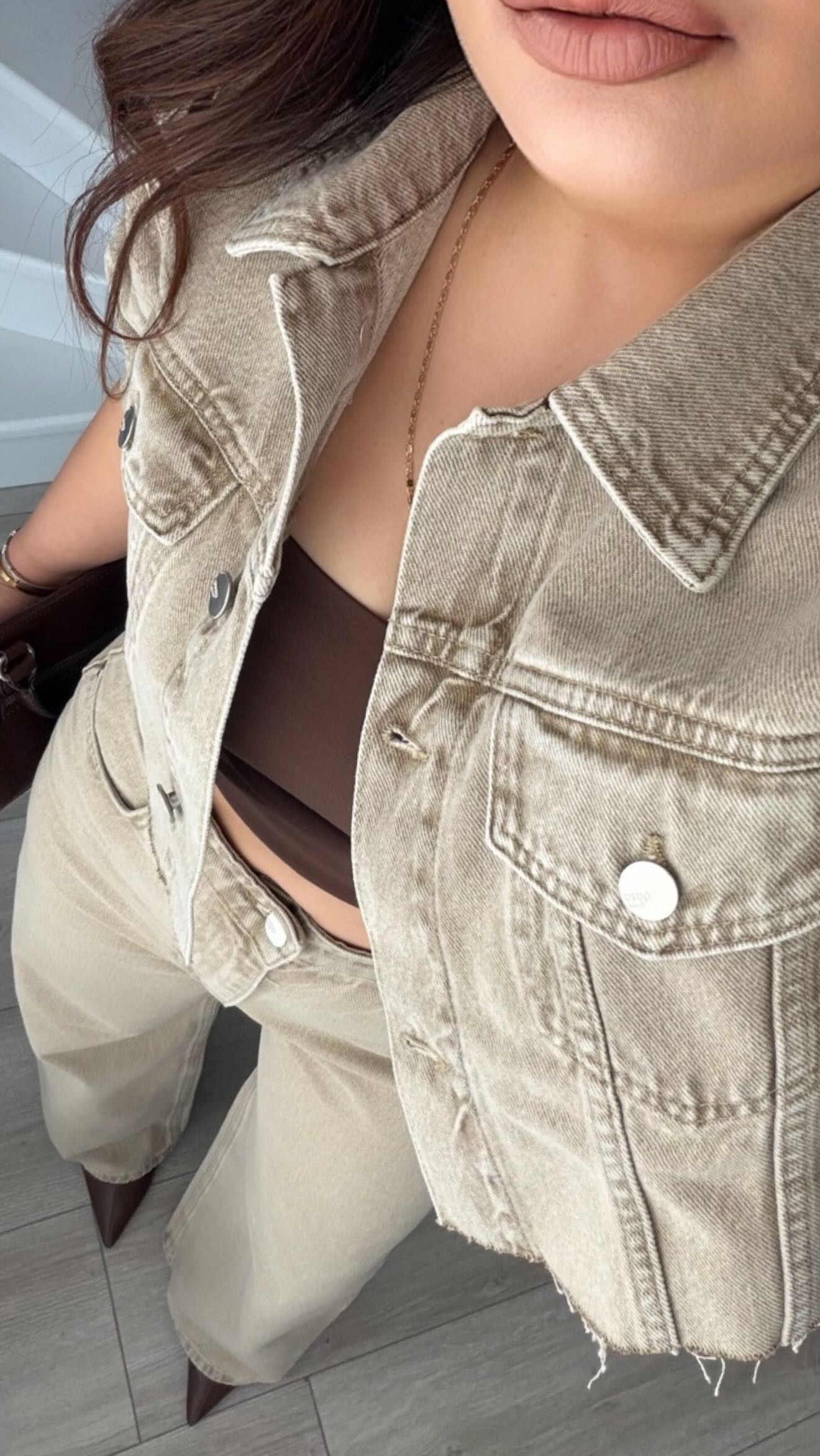 Bej Haki Yıkamalı Denim Crop Ceket