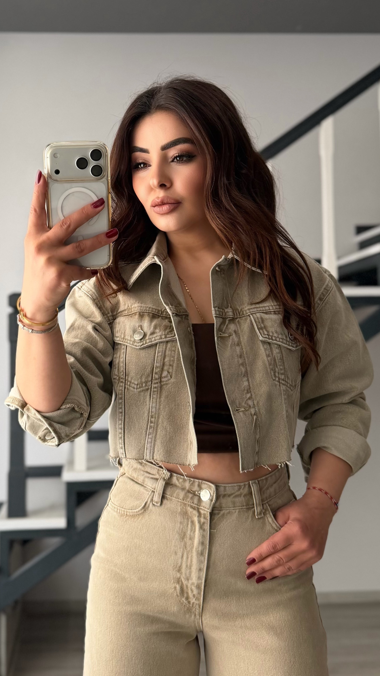 Bej Haki Yıkamalı Denim Crop Ceket