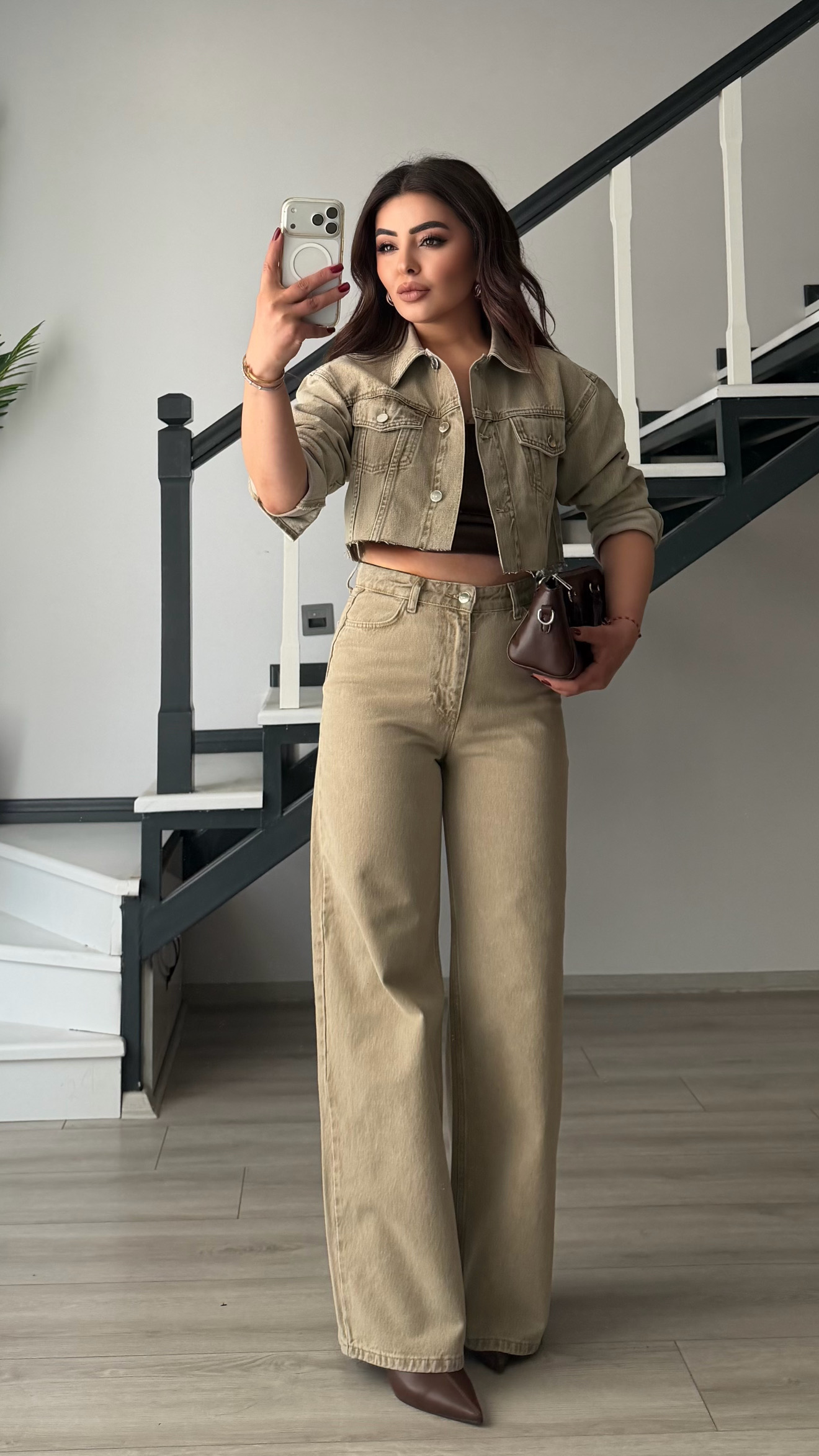 Bej Haki Yıkamalı Denim Crop Ceket
