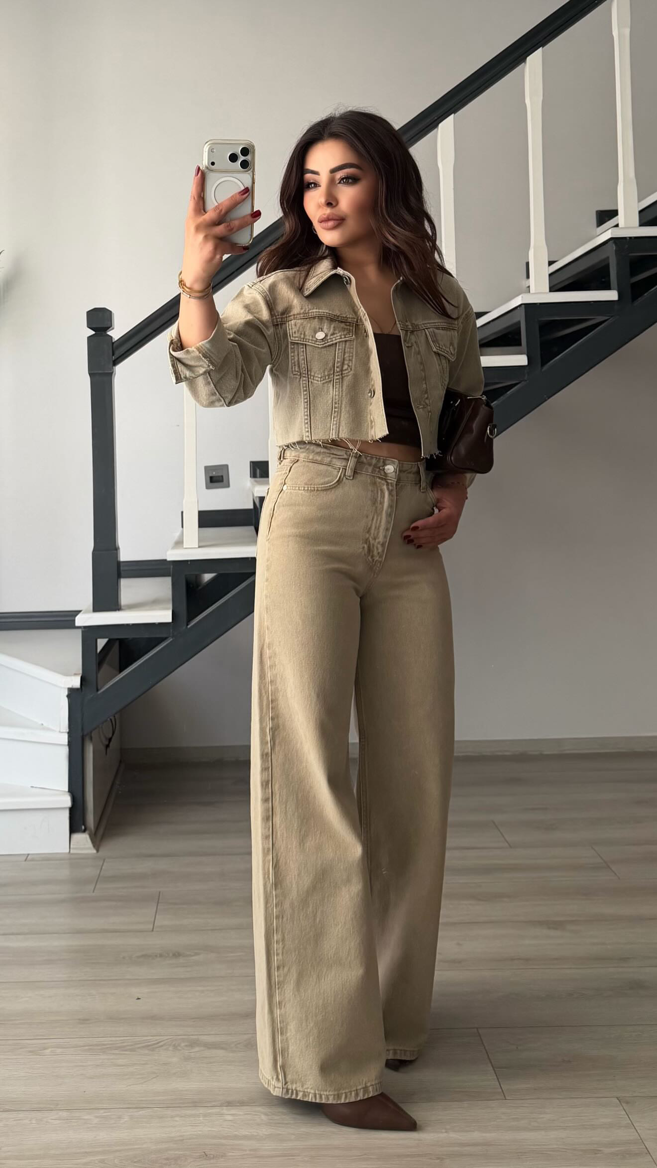 Bej Haki Yıkamalı Wide Leg Jean