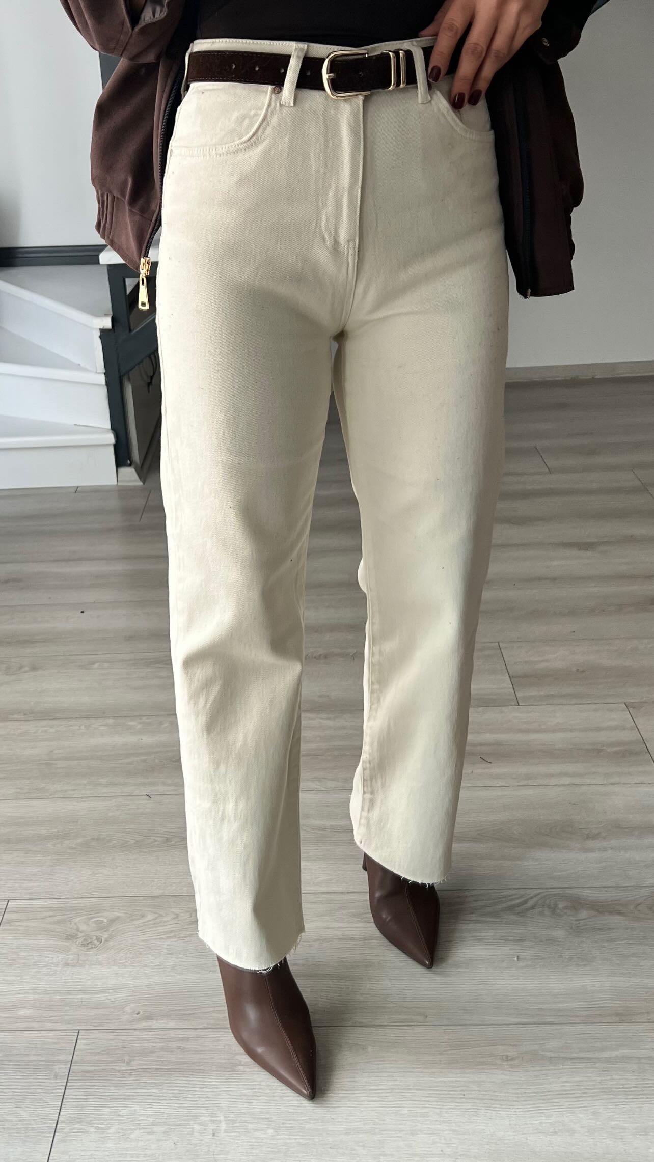 Beige Belted Cropped Leg Premium Jeans
