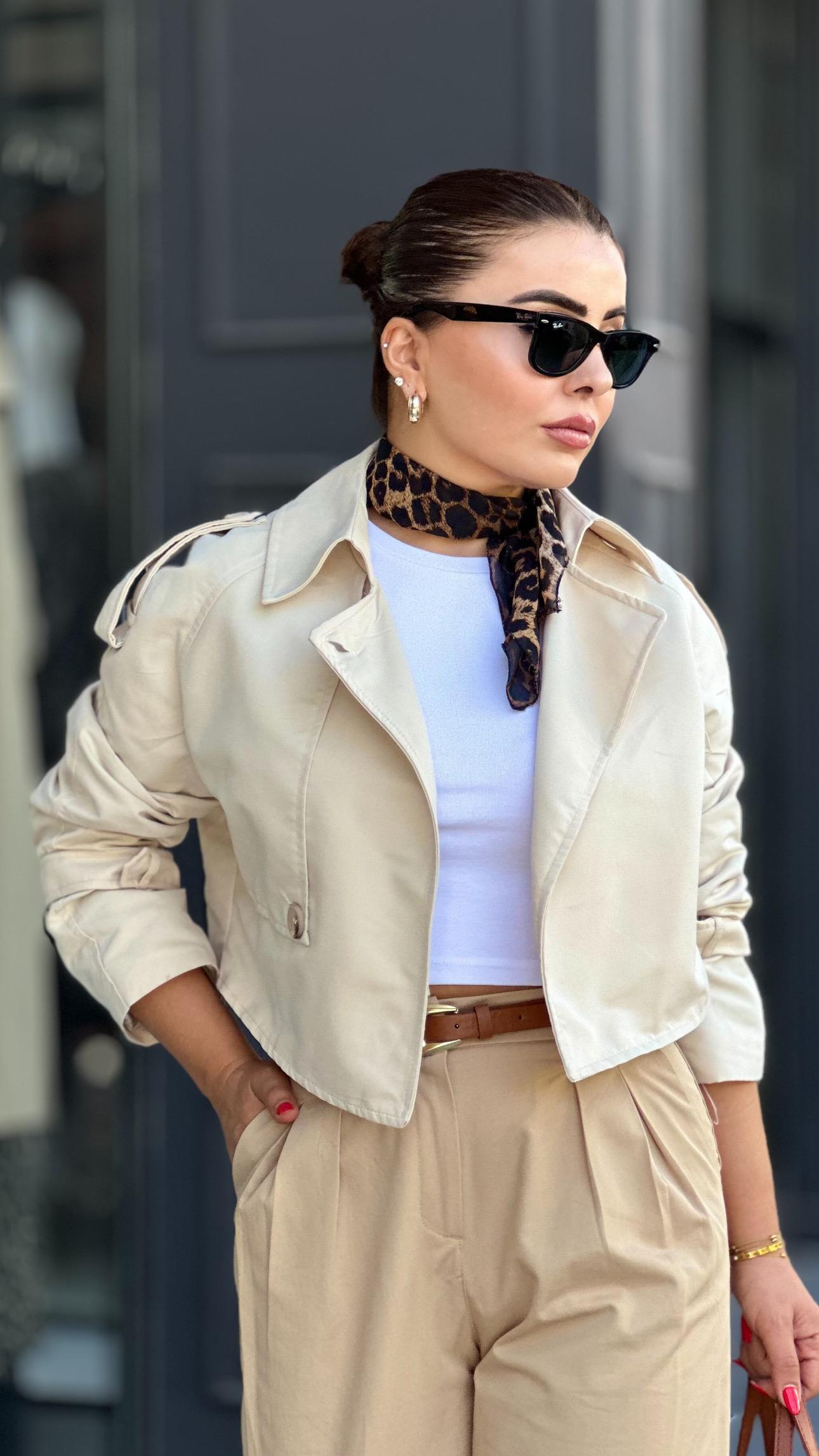 Beige Short Trench Coat with Belt Detail on Sleeves