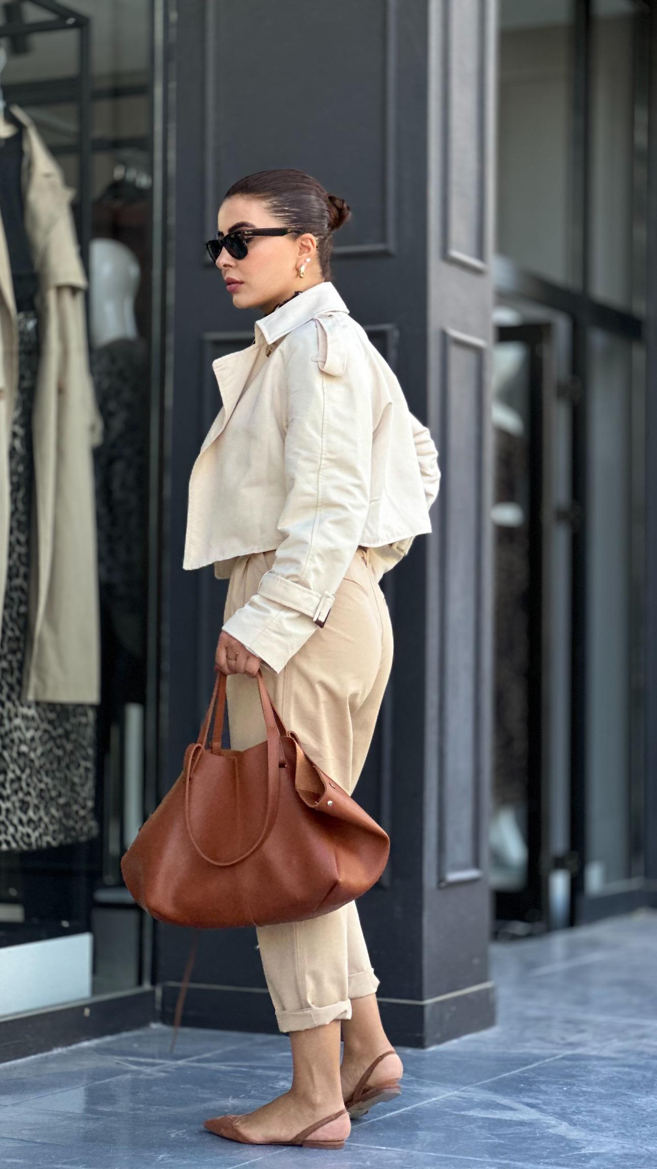 Beige Short Trench Coat with Belt Detail on Sleeves