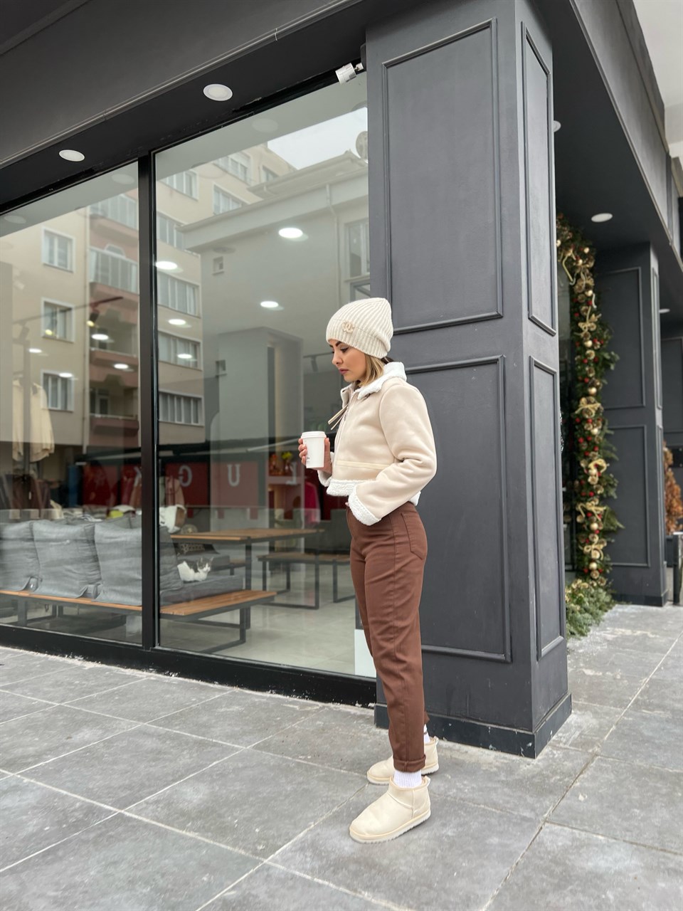 Beige Nubuck Fur-Lined Short Coat