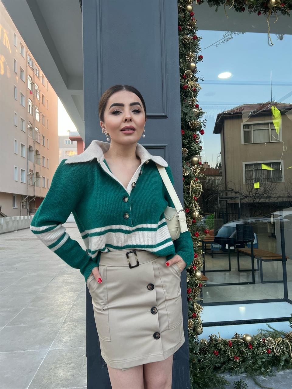 Beige Skirt with Side Buttons and Belt