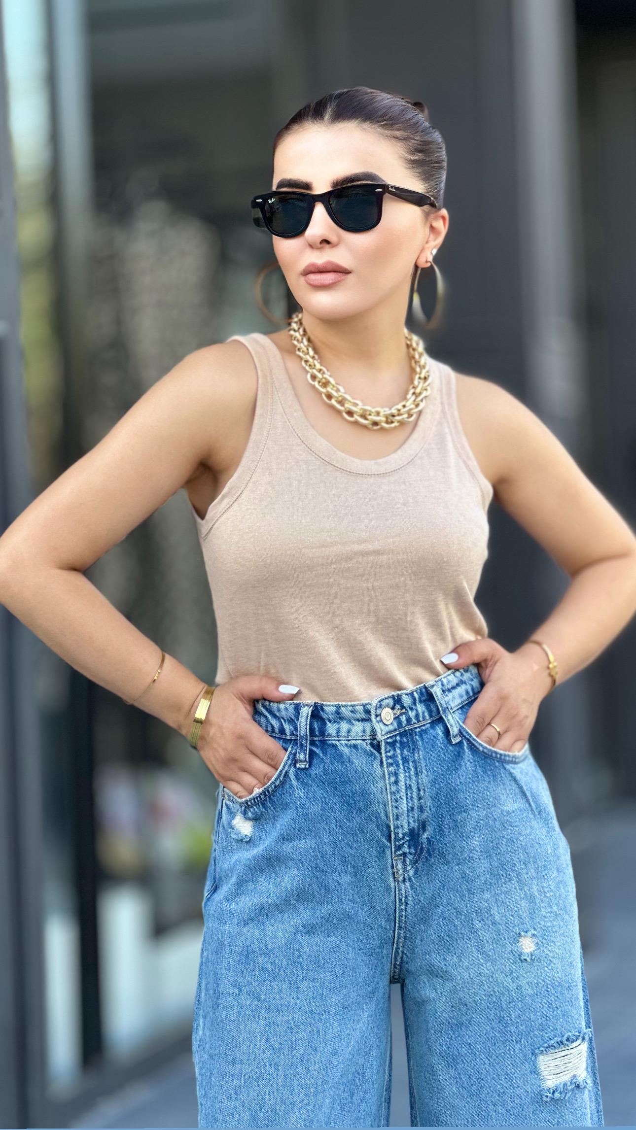 Bej Orijinal Marka Transparan Halter Yaka Atlet