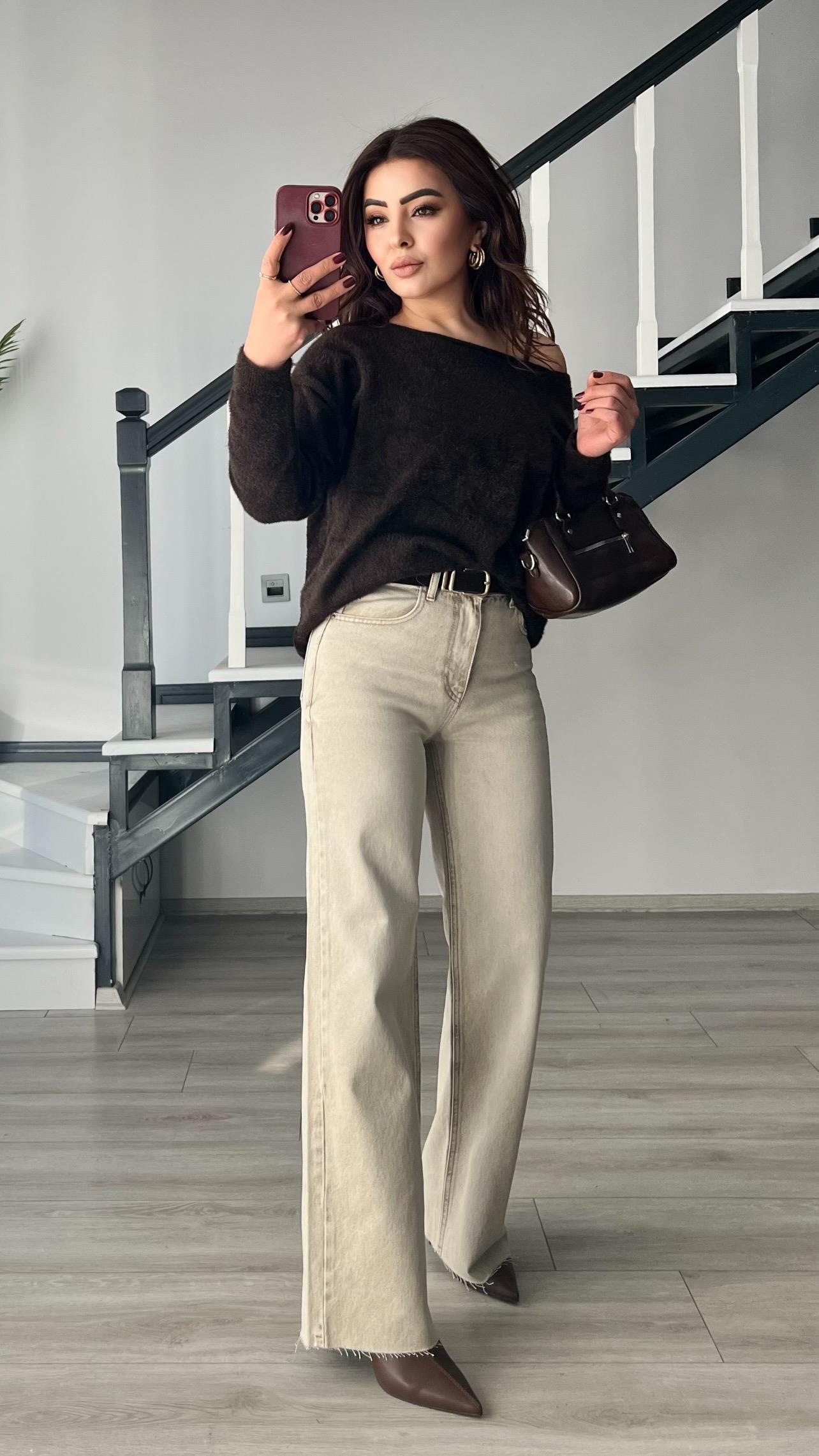 Beige Wash Wide Leg Jeans
