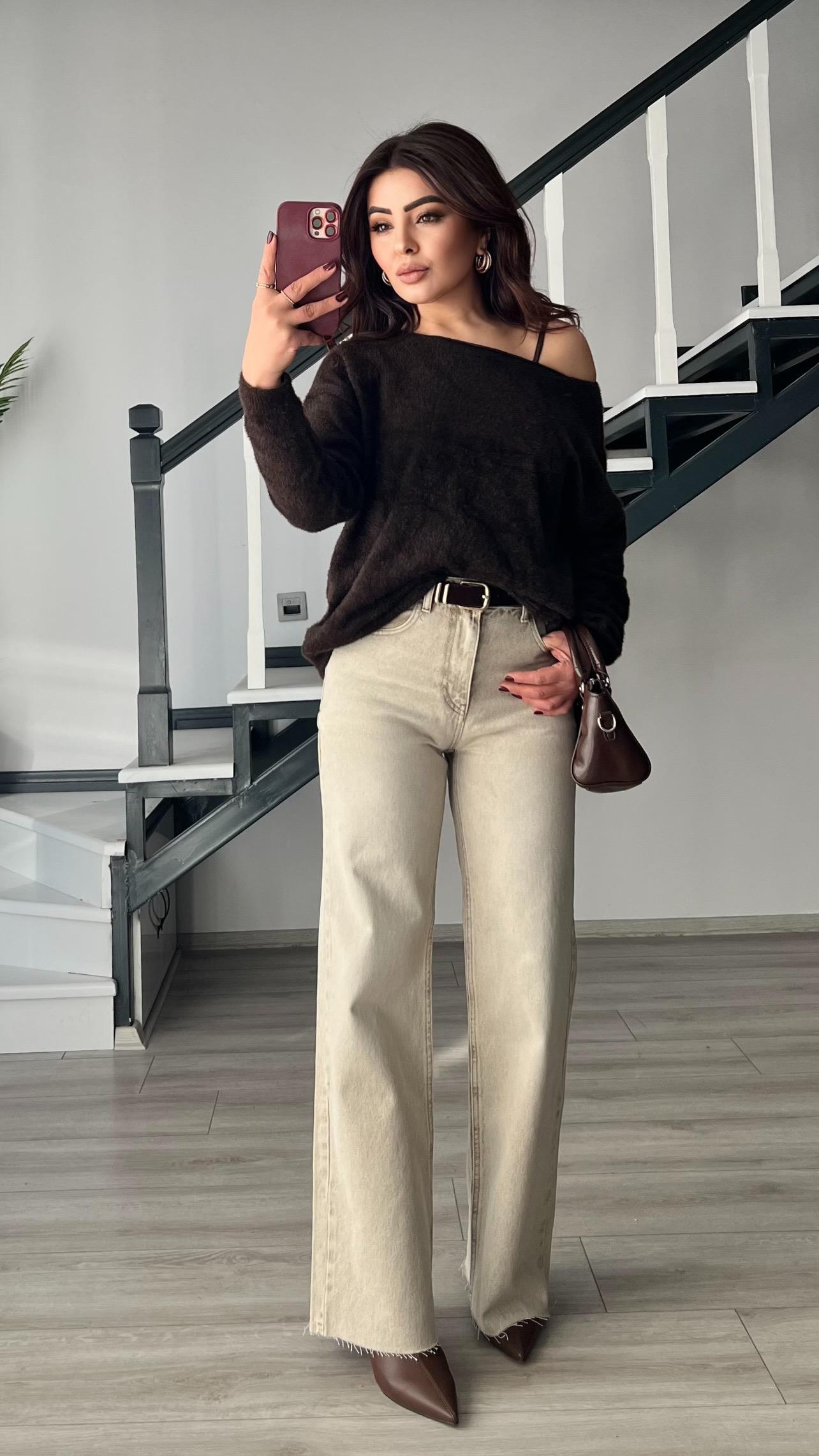 Beige Wash Wide Leg Jeans
