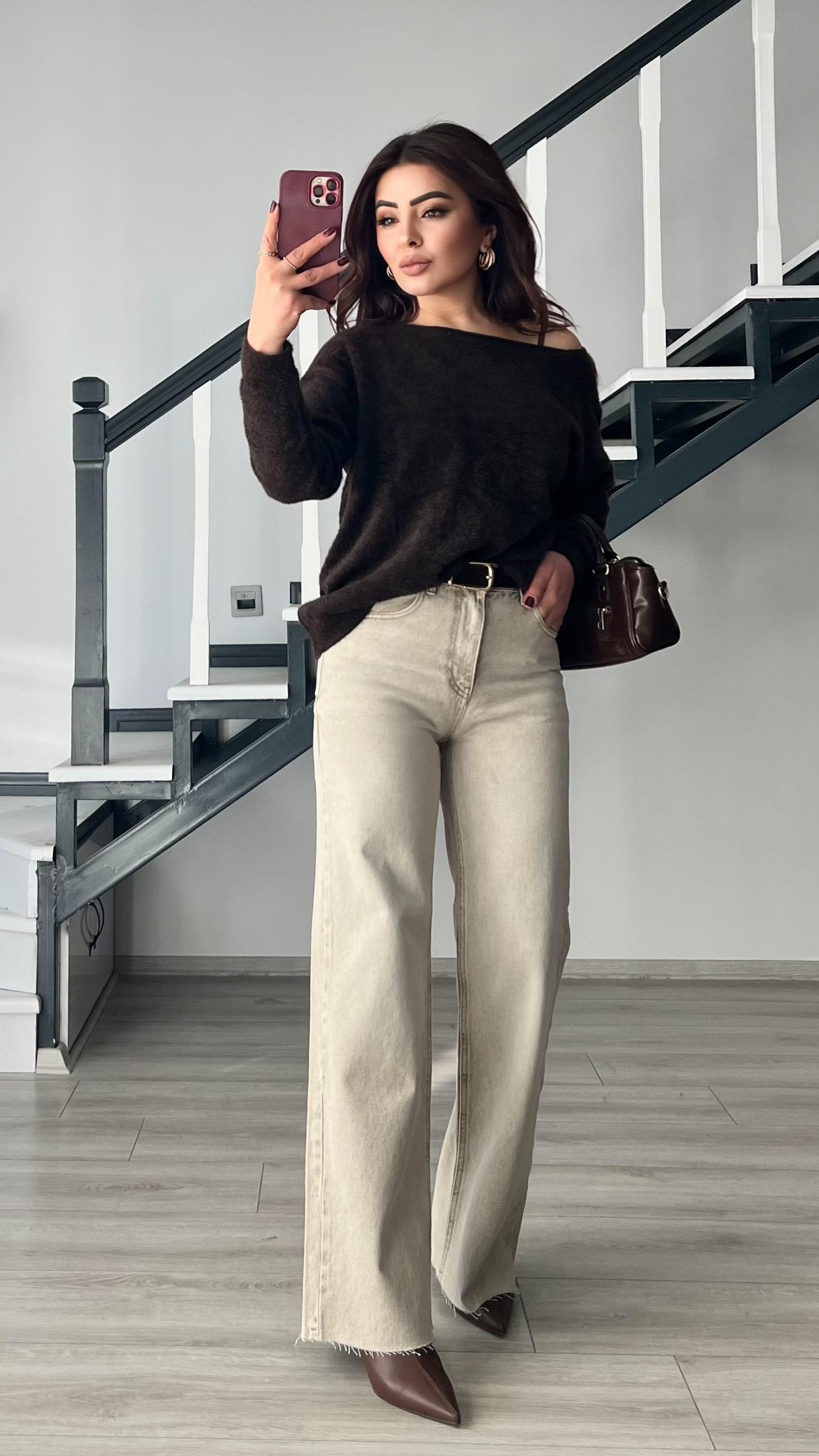 Beige Wash Wide Leg Jeans