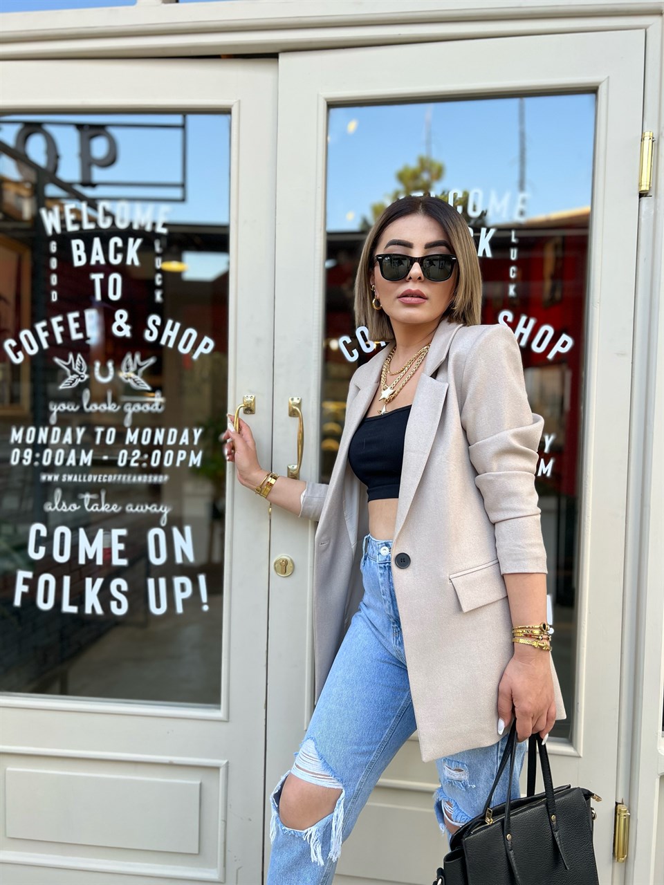 Bej Yün Efekt Blazer Ceket