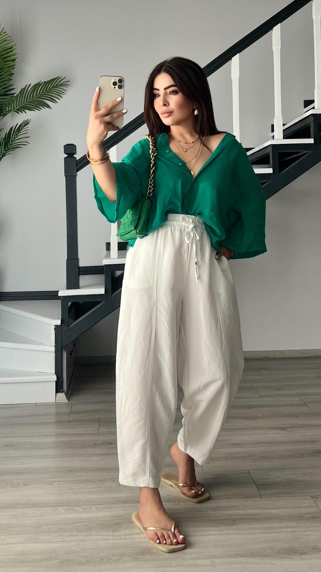 Beyaz Beli Lastikli Keten Pantolon