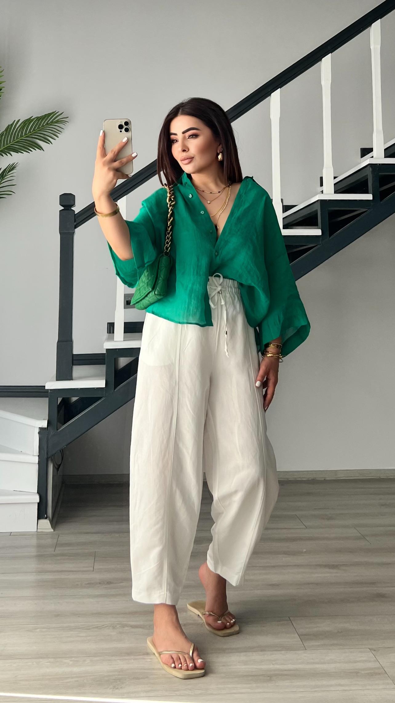 Beyaz Beli Lastikli Keten Pantolon